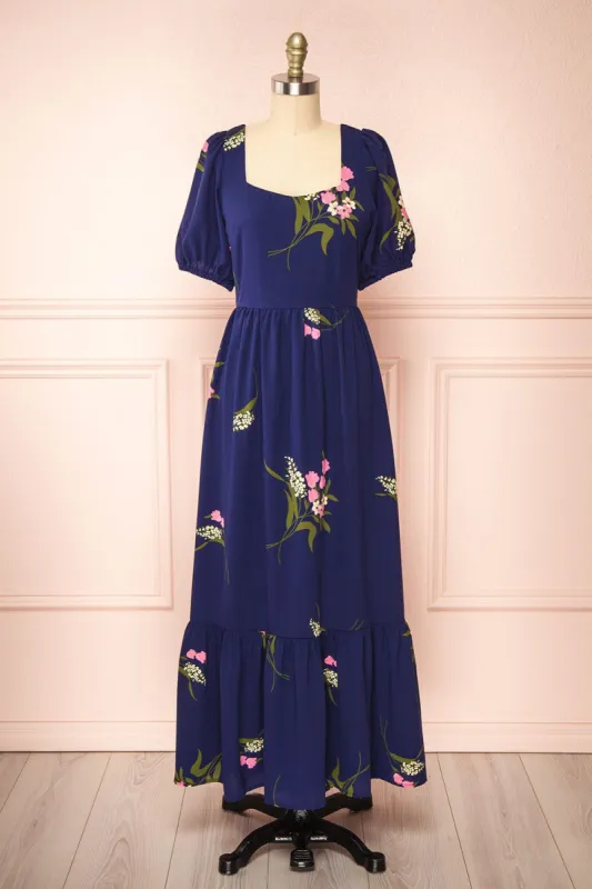 Axelle | Navy Floral Midi Dress w/ Puff Sleeves sold by Boutique 1861
