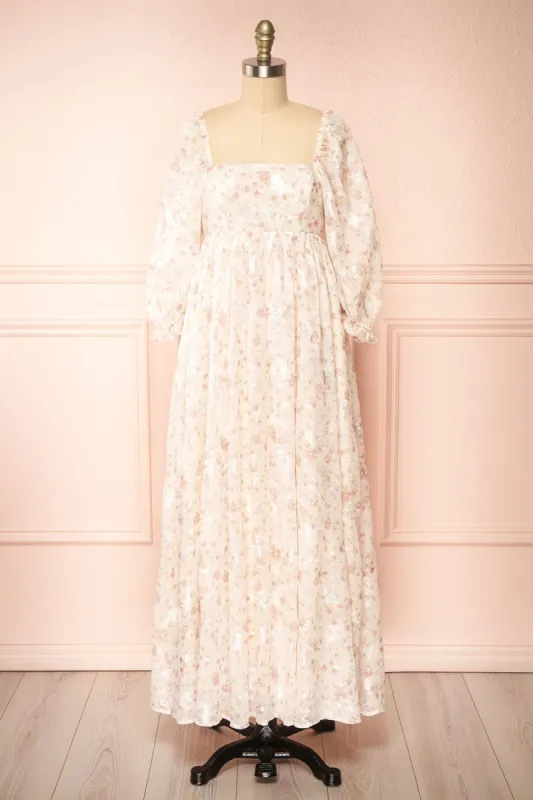 Eira | Beige Floral Maxi Babydoll Dress w/ Openwork sold by Boutique 1861