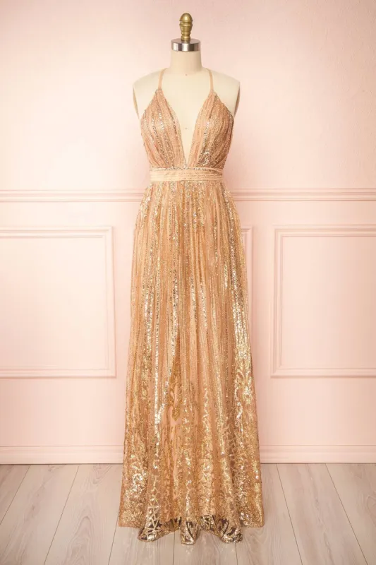 Andra Rose Gold | Plunging Neckline Sparkling Maxi Dress sold by Boutique 1861