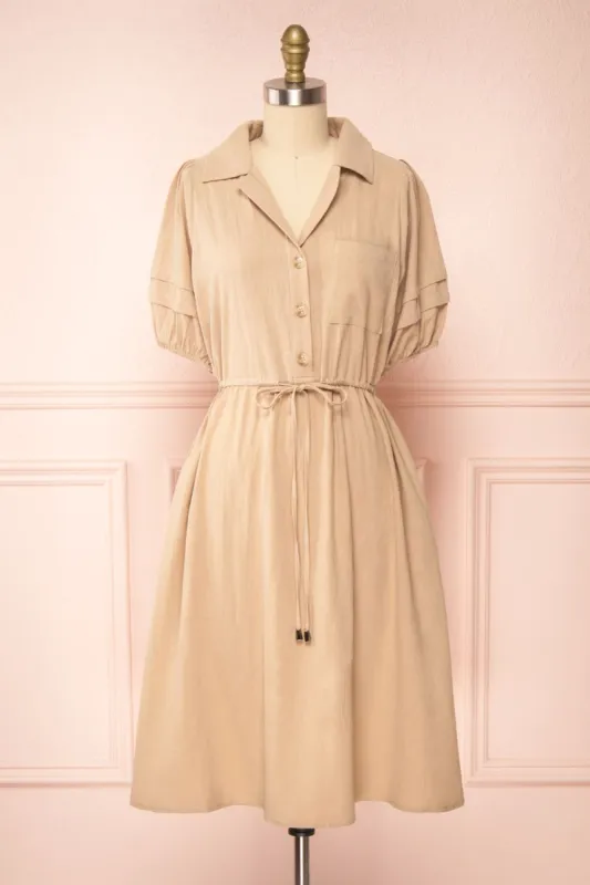 Julie Beige | Faux-Linen Midi Dress w/ Drawstring sold by Boutique 1861