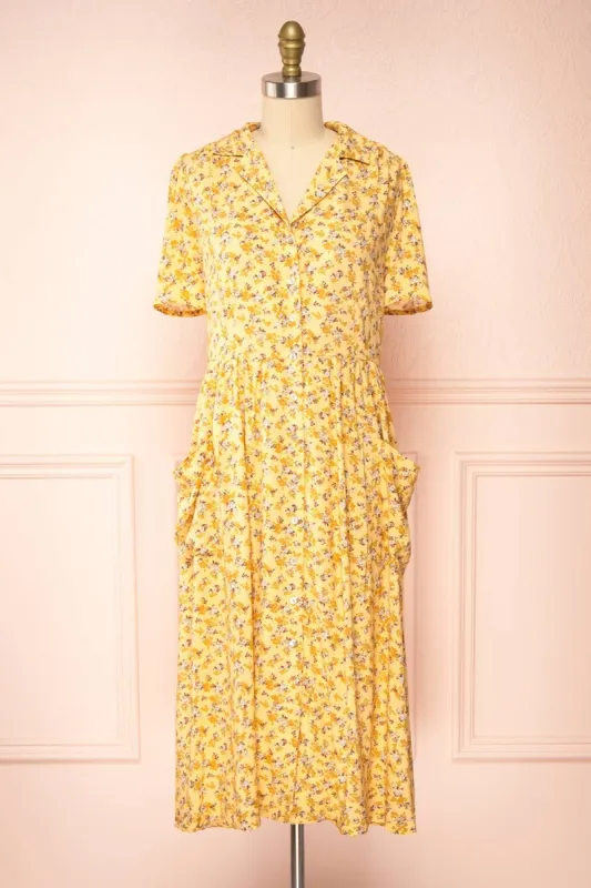 Hayal Yellow | Buttoned Floral Midi Shirt Dress sold by Boutique 1861