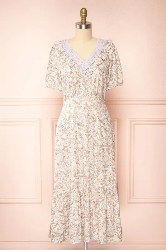 Corinne | Floral Midi Dress w/ Embroidered Collar sold by Boutique 1861