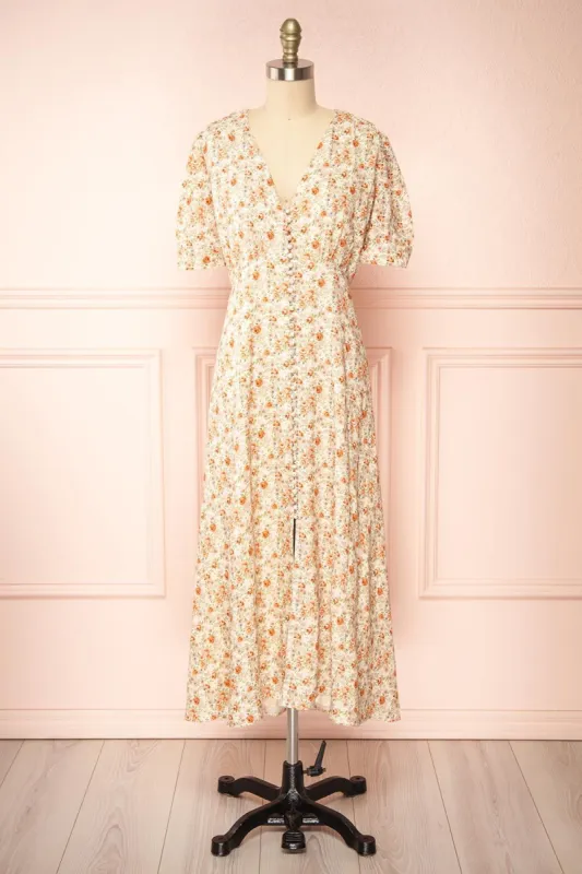Marily | Floral Button-Up V-Neck Midi Dress sold by Boutique 1861