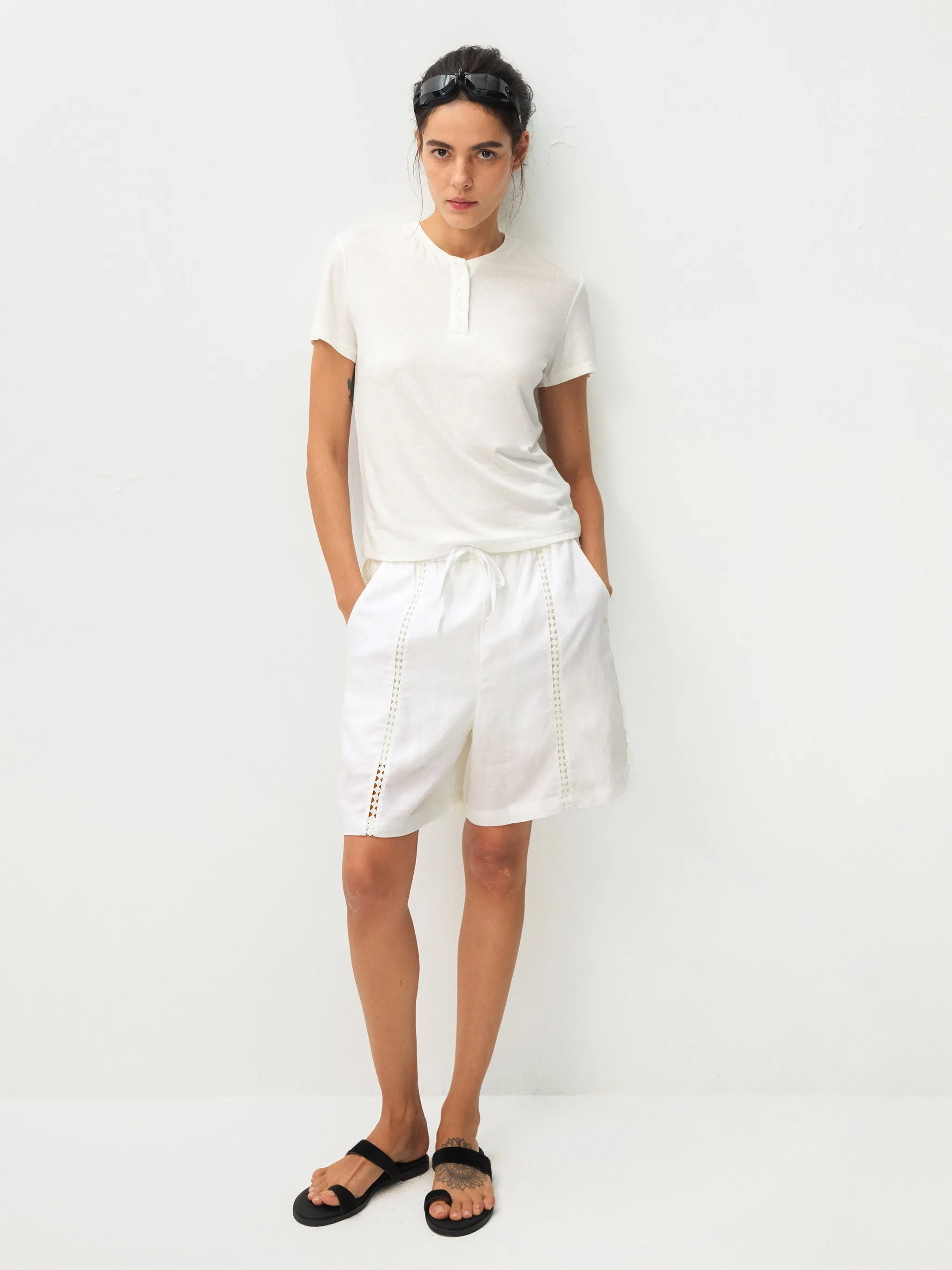 CUBIC Lyocell Linen Lace-Trim Shorts sold by Cubic