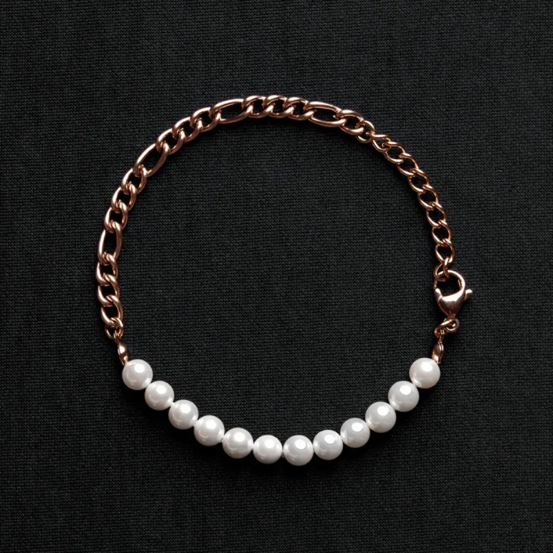 Pearl & Rose Gold Figaro Chain Bracelet sold by Rose Gold & Black