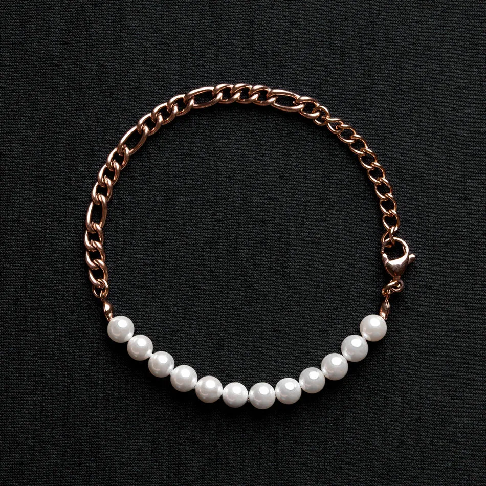 Pearl & Rose Gold Figaro Chain Bracelet sold by Rose Gold & Black