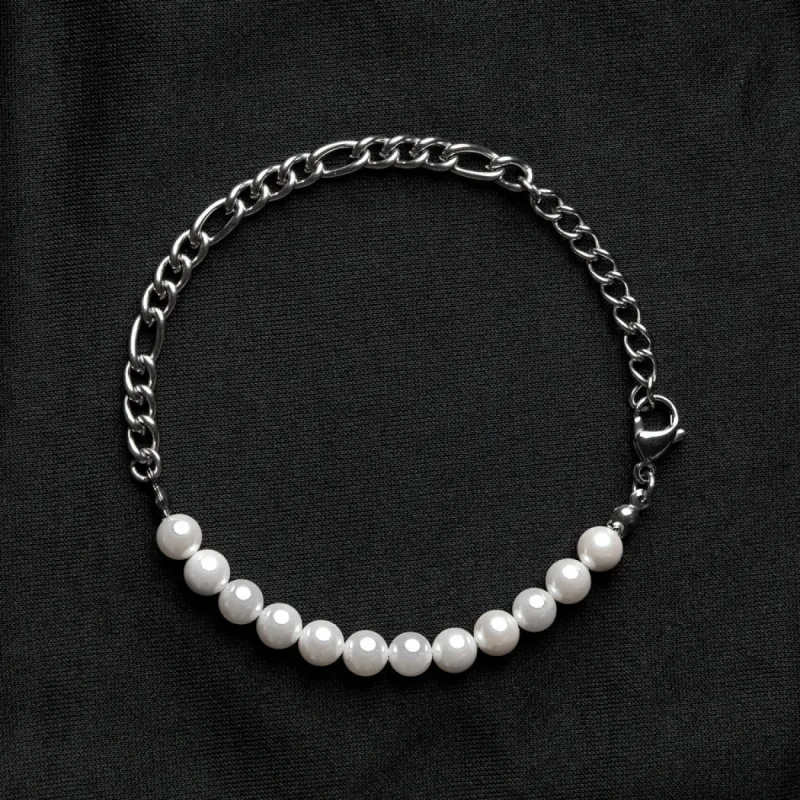 Pearl & Silver Figaro Chain Bracelet sold by Rose Gold & Black