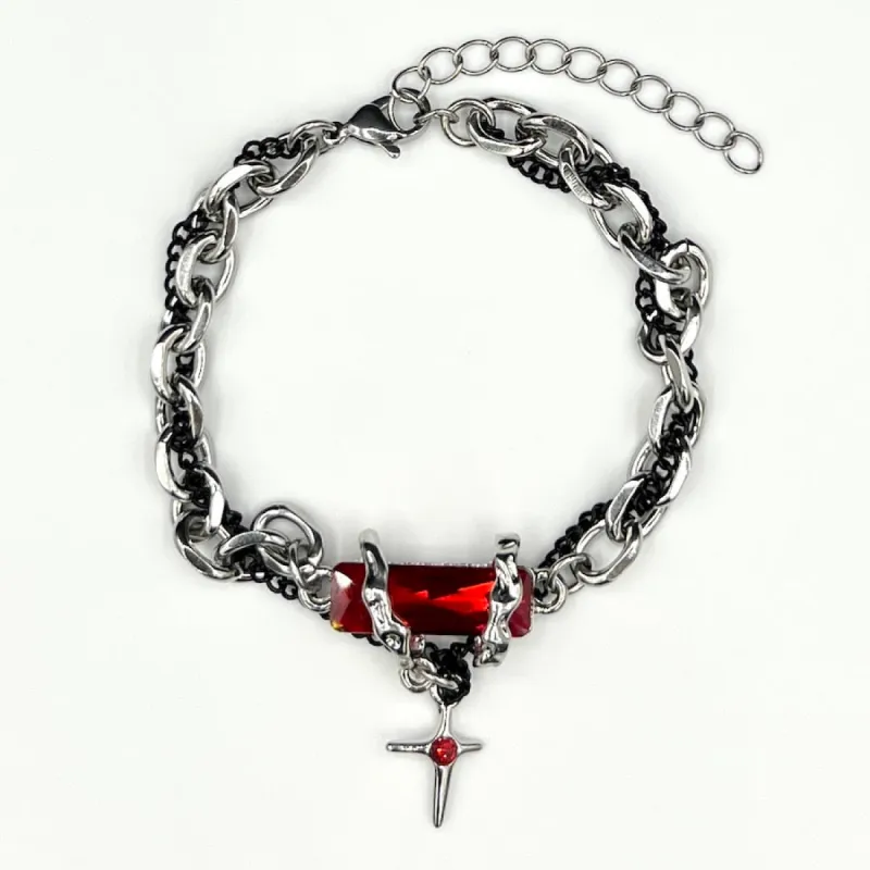 Red Crystal & Chain Bracelet - Silver sold by Rose Gold & Black