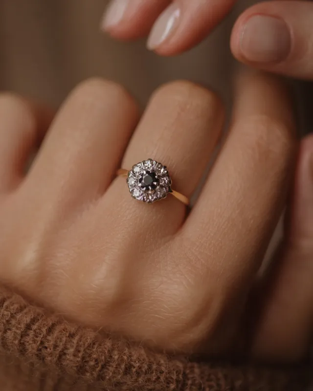 Marie 1967 Vintage 18ct Gold Sapphire & Diamond Cluster Ring sold by Rock n Rose