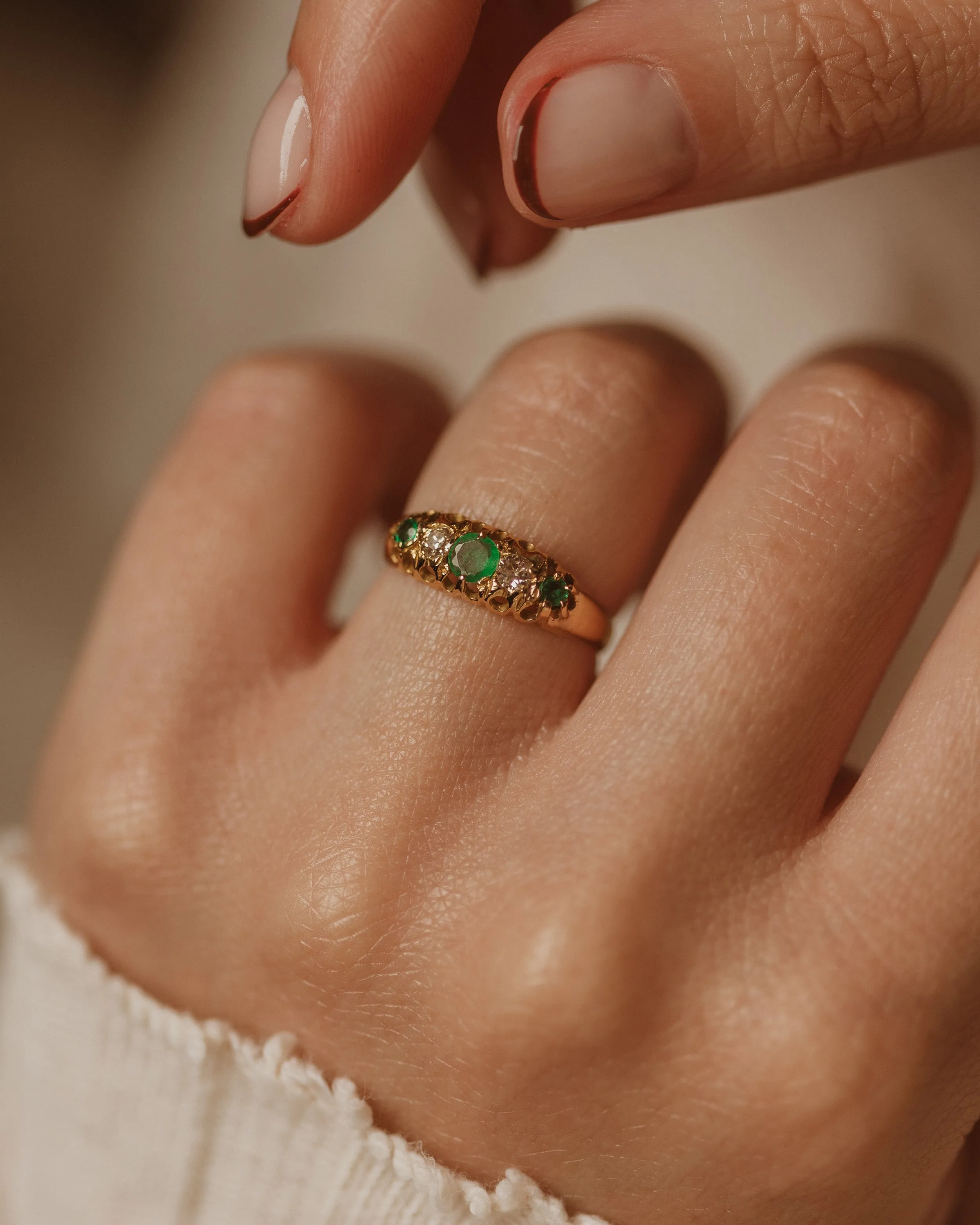 Irie 1922 Antique 18ct Gold Emerald & Diamond Five Stone Ring sold by Rock n Rose product image thumbnail 2