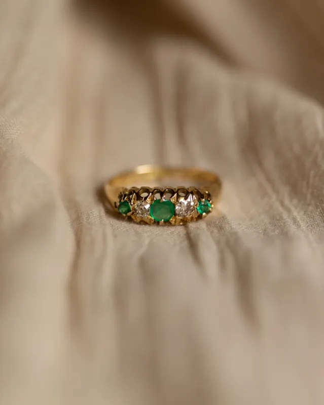 Irie 1922 Antique 18ct Gold Emerald & Diamond Five Stone Ring sold by Rock n Rose