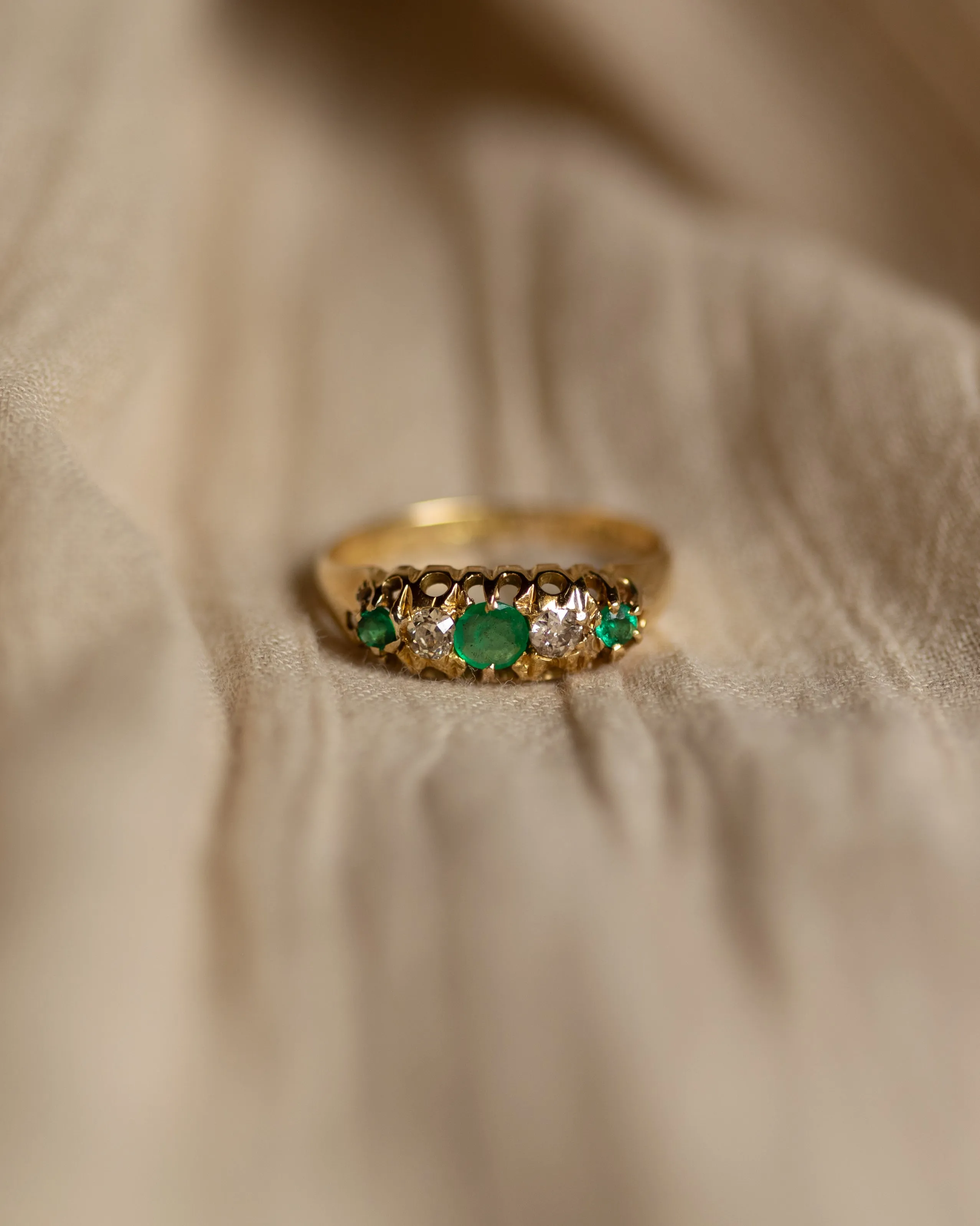 Irie 1922 Antique 18ct Gold Emerald & Diamond Five Stone Ring sold by Rock n Rose