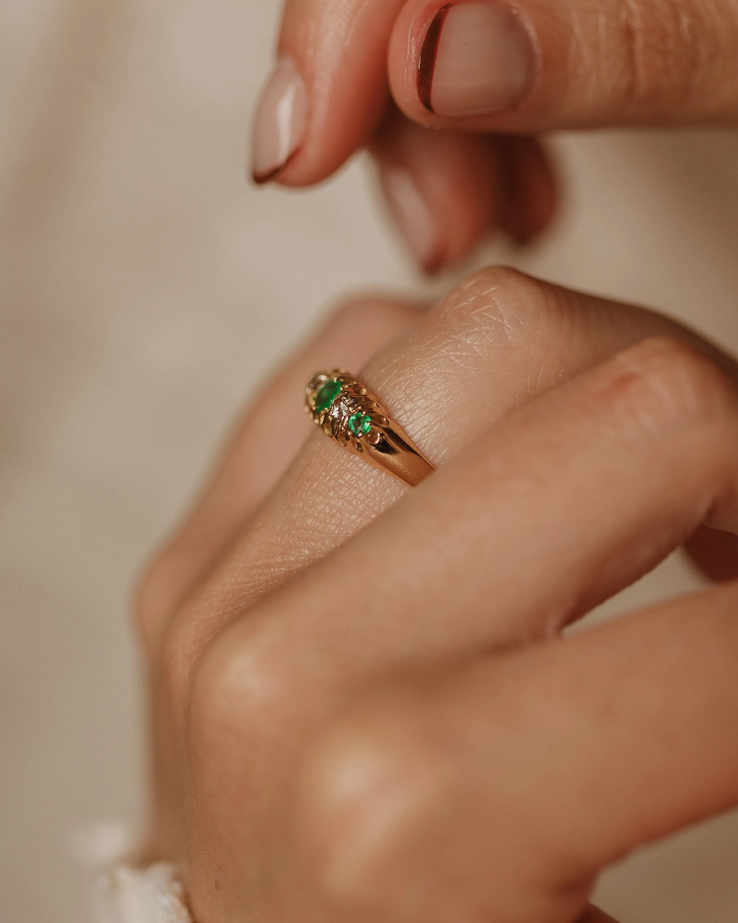 Irie 1922 Antique 18ct Gold Emerald & Diamond Five Stone Ring sold by Rock n Rose product image thumbnail 3
