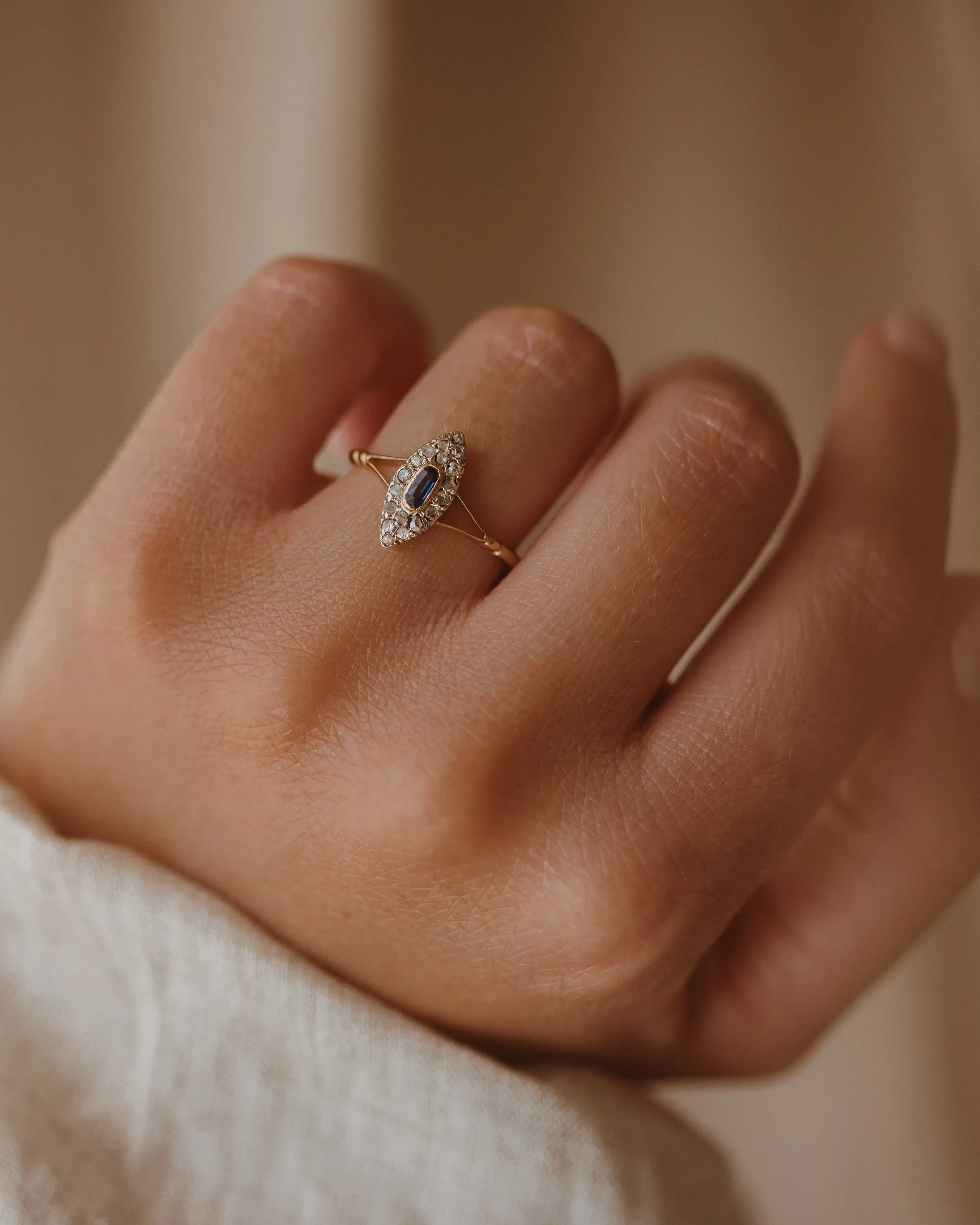 Hannah Antique 18ct Gold Sapphire & Diamond Navette Ring sold by Rock n Rose product image thumbnail 3