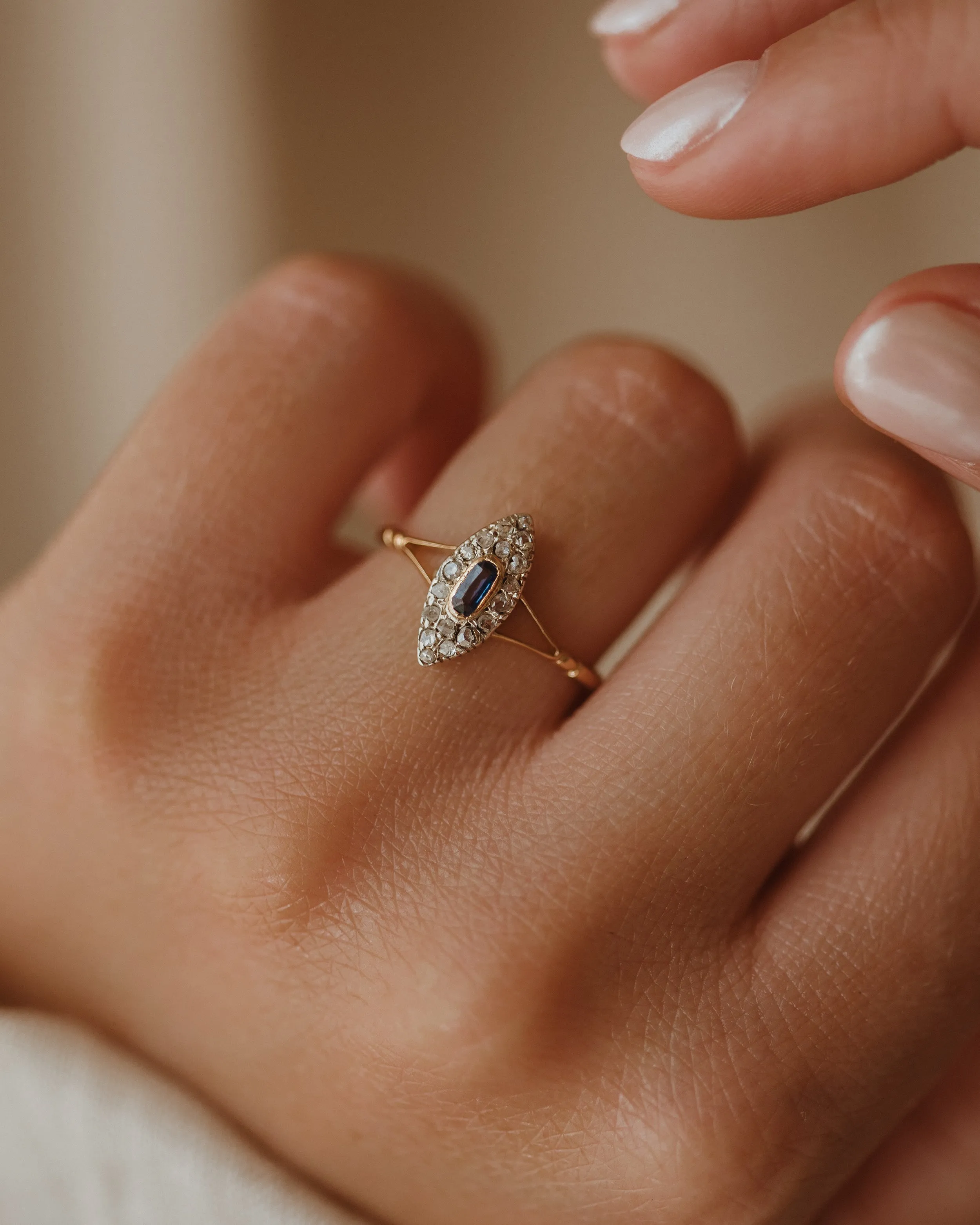 Hannah Antique 18ct Gold Sapphire & Diamond Navette Ring sold by Rock n Rose