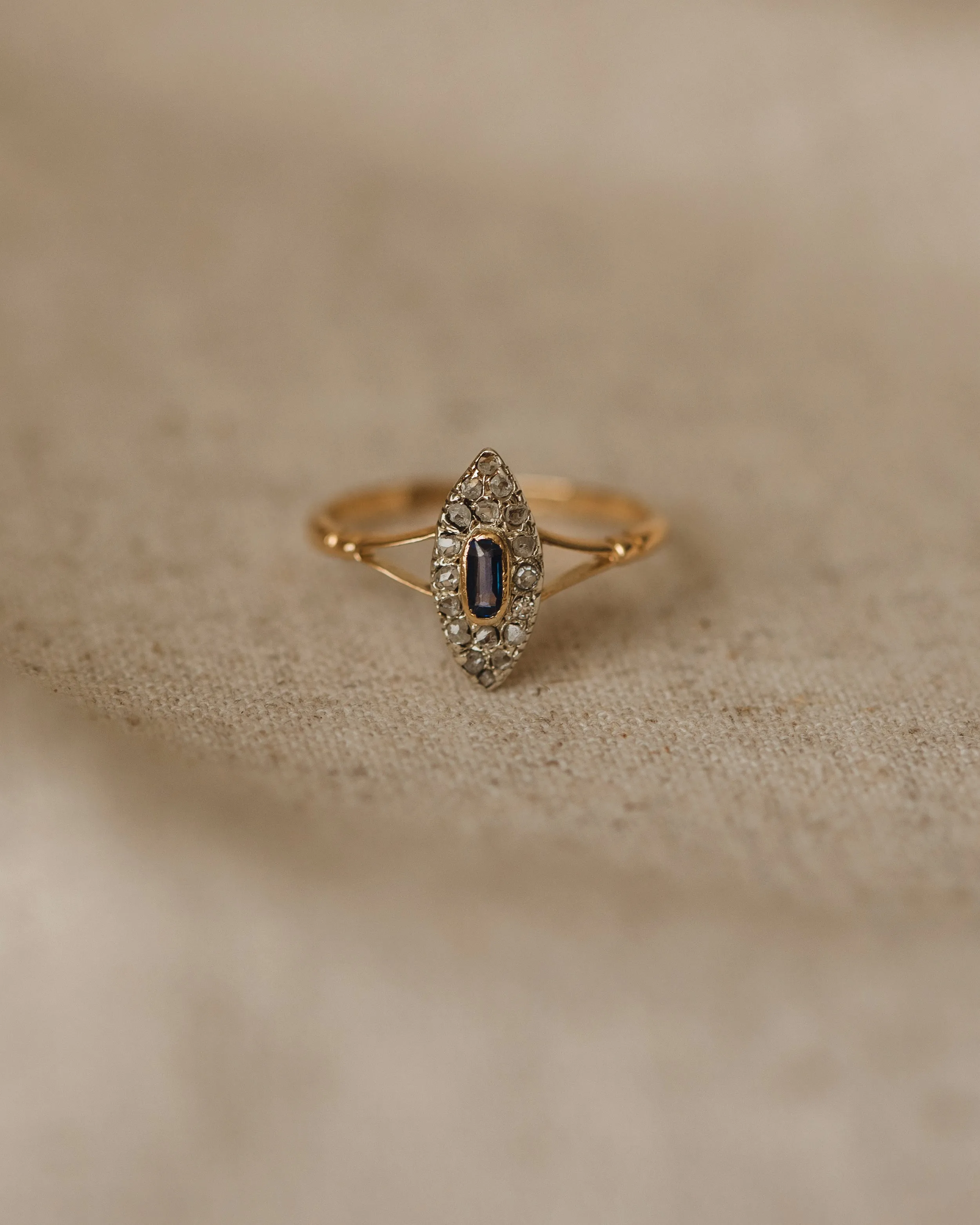 Hannah Antique 18ct Gold Sapphire & Diamond Navette Ring sold by Rock n Rose product image thumbnail 2
