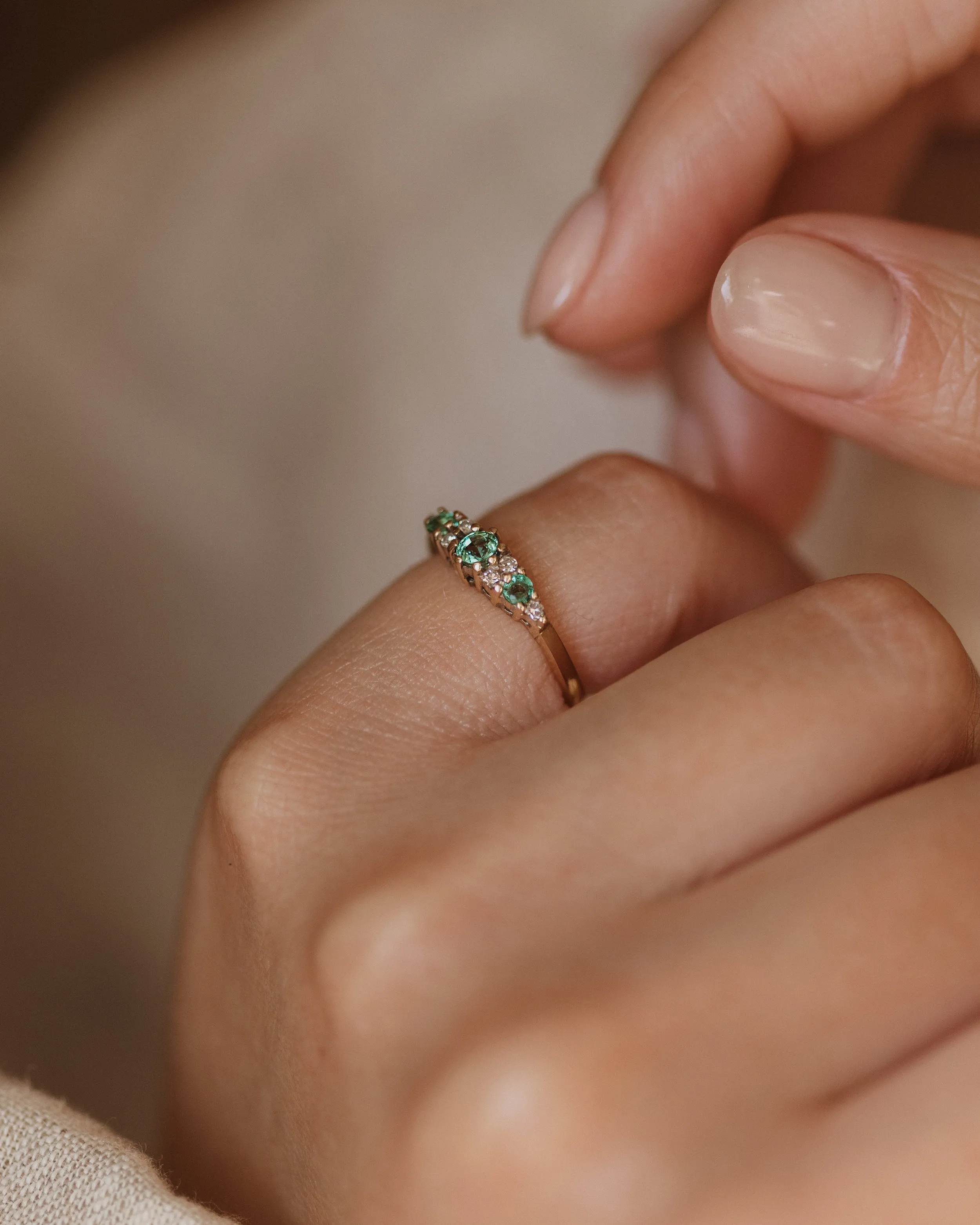 Effie Vintage 9ct Gold Emerald & Diamond Seven Stone Ring sold by Rock n Rose product image thumbnail 2