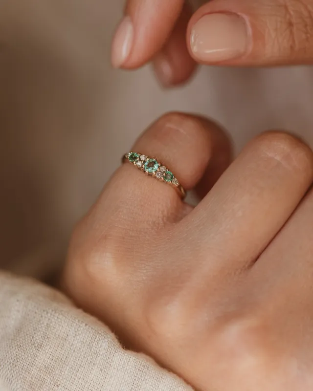 Effie Vintage 9ct Gold Emerald & Diamond Seven Stone Ring sold by Rock n Rose