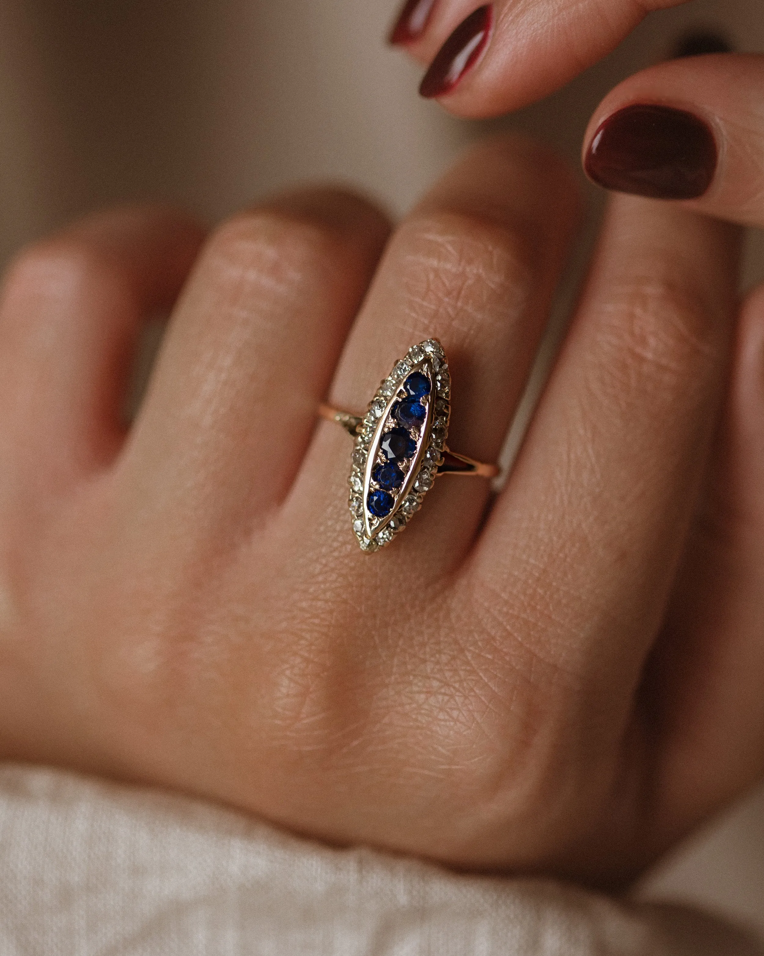 Constance Antique 18ct Gold Sapphire & Diamond Navette Ring sold by Rock n Rose product image thumbnail 2