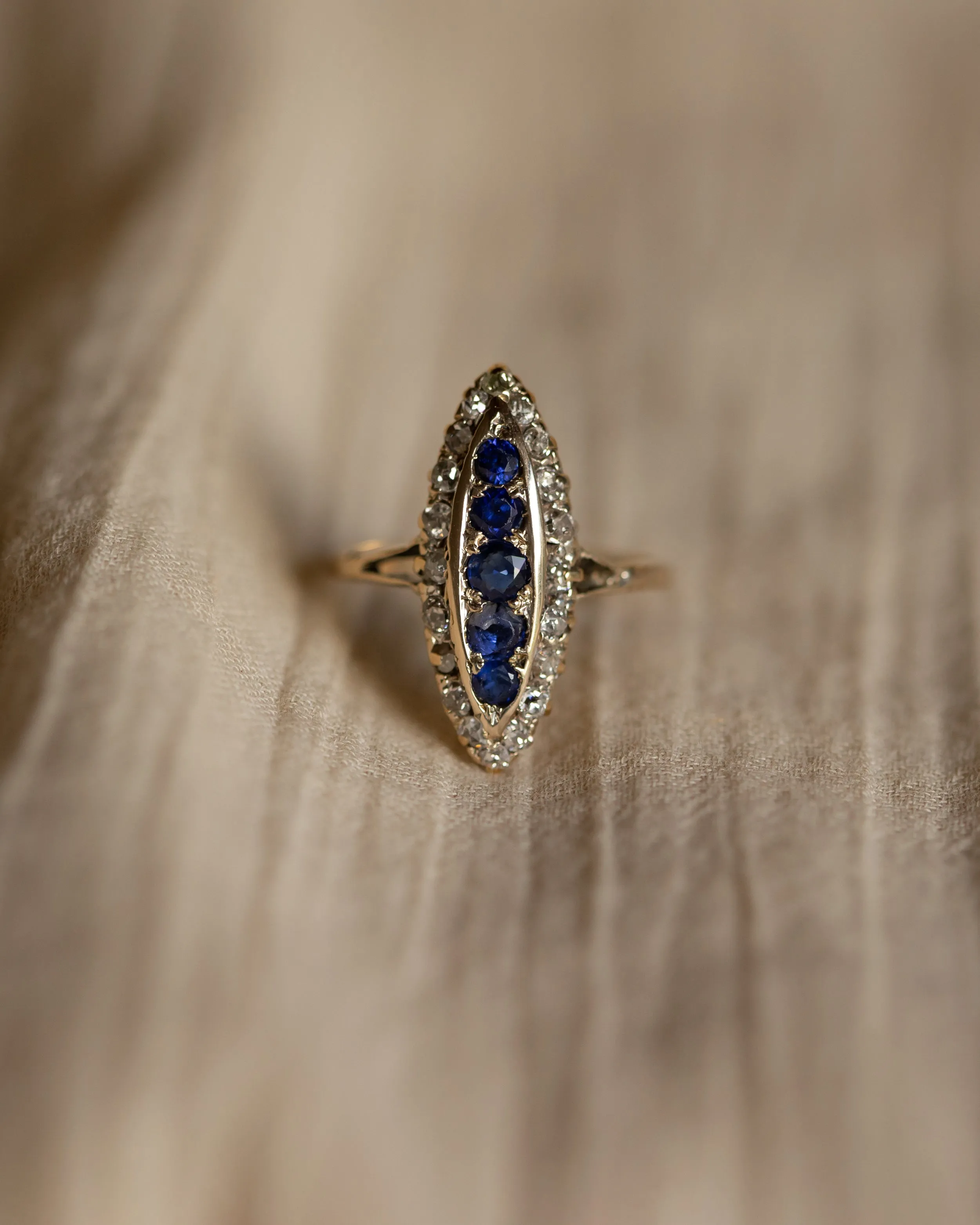 Constance Antique 18ct Gold Sapphire & Diamond Navette Ring sold by Rock n Rose