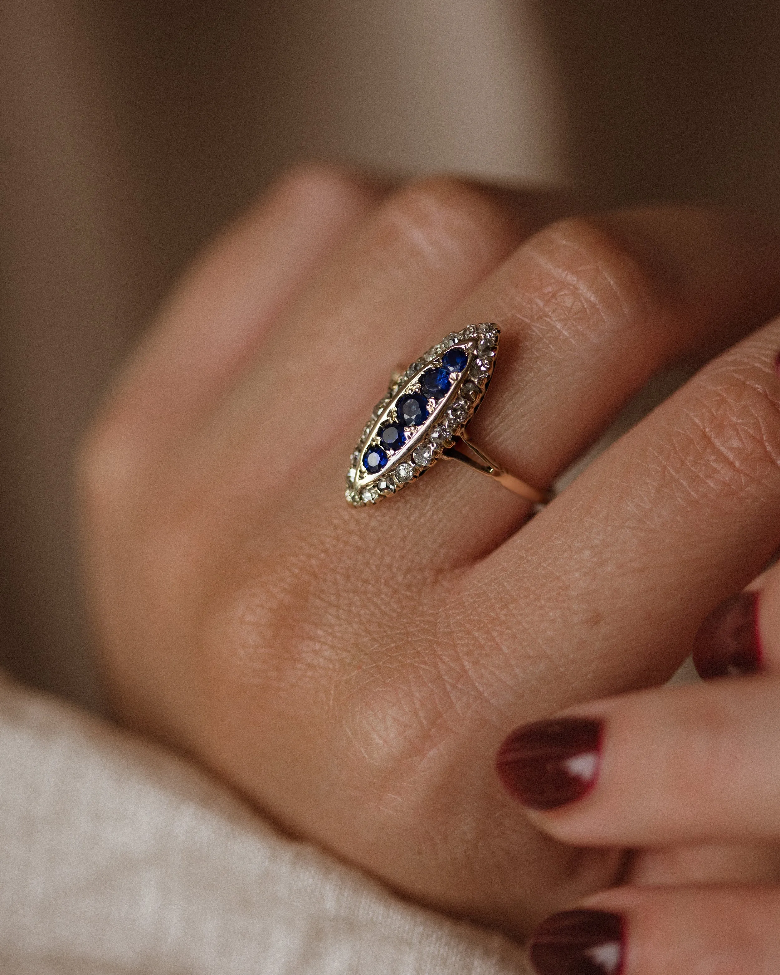 Constance Antique 18ct Gold Sapphire & Diamond Navette Ring sold by Rock n Rose product image thumbnail 3