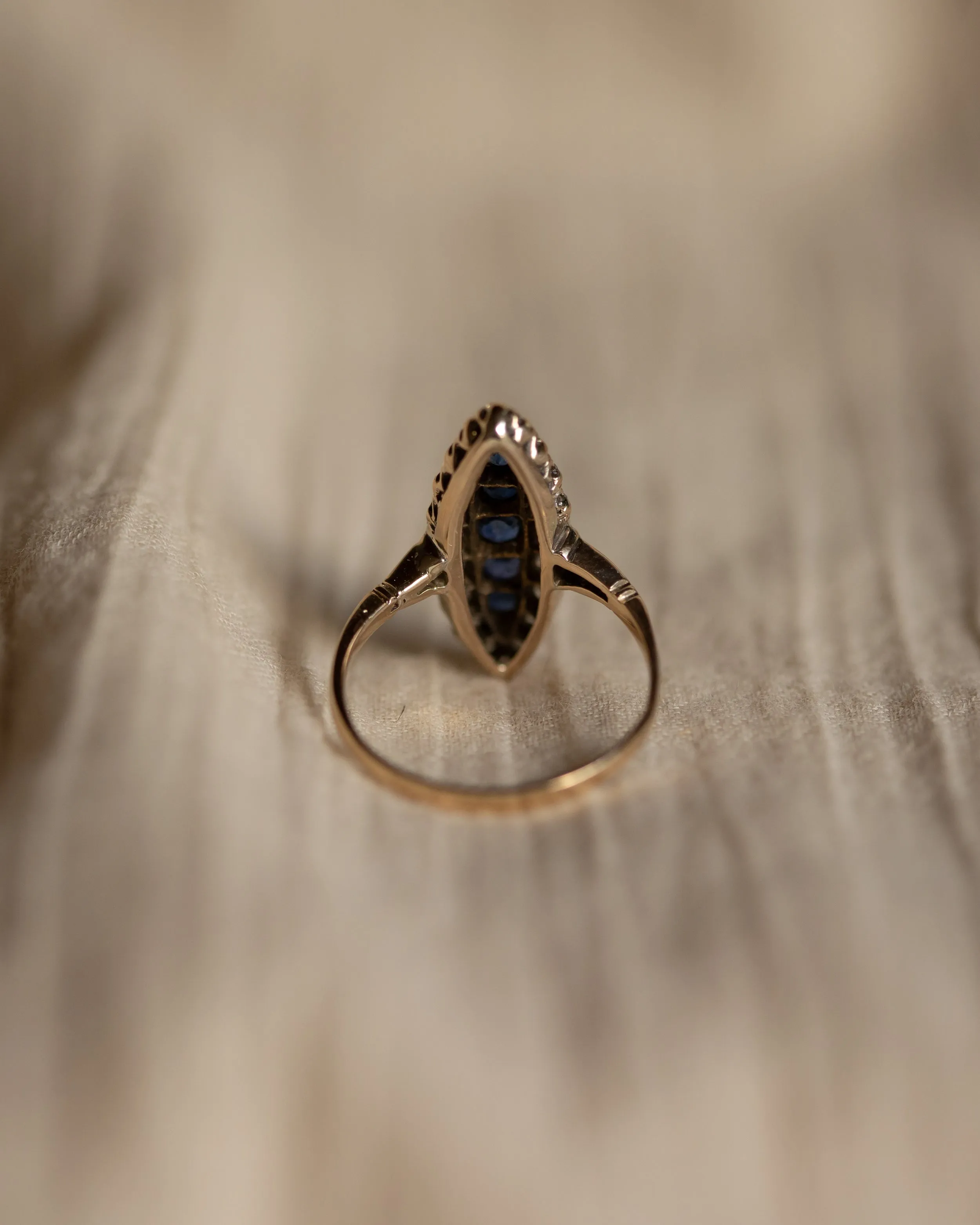 Constance Antique 18ct Gold Sapphire & Diamond Navette Ring sold by Rock n Rose product image thumbnail 5