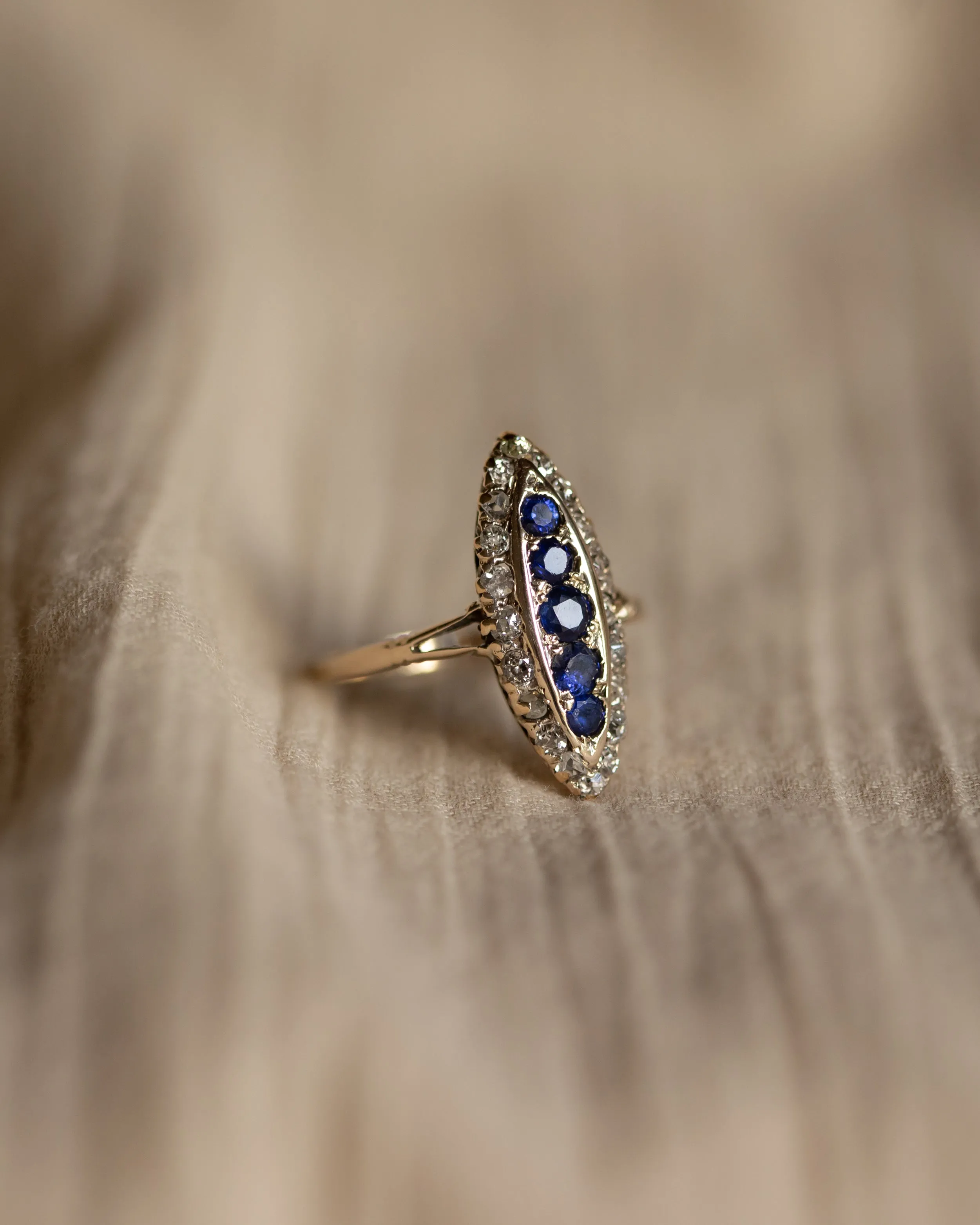 Constance Antique 18ct Gold Sapphire & Diamond Navette Ring sold by Rock n Rose product image thumbnail 4