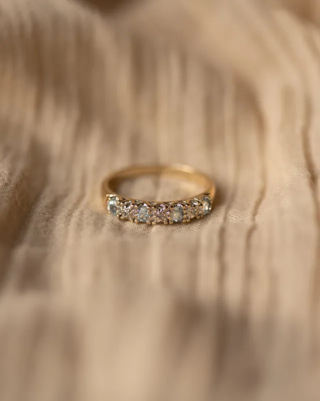 Carmen Vintage 9ct Gold Blue Topaz & Diamond Half Eternity Ring sold by Rock n Rose