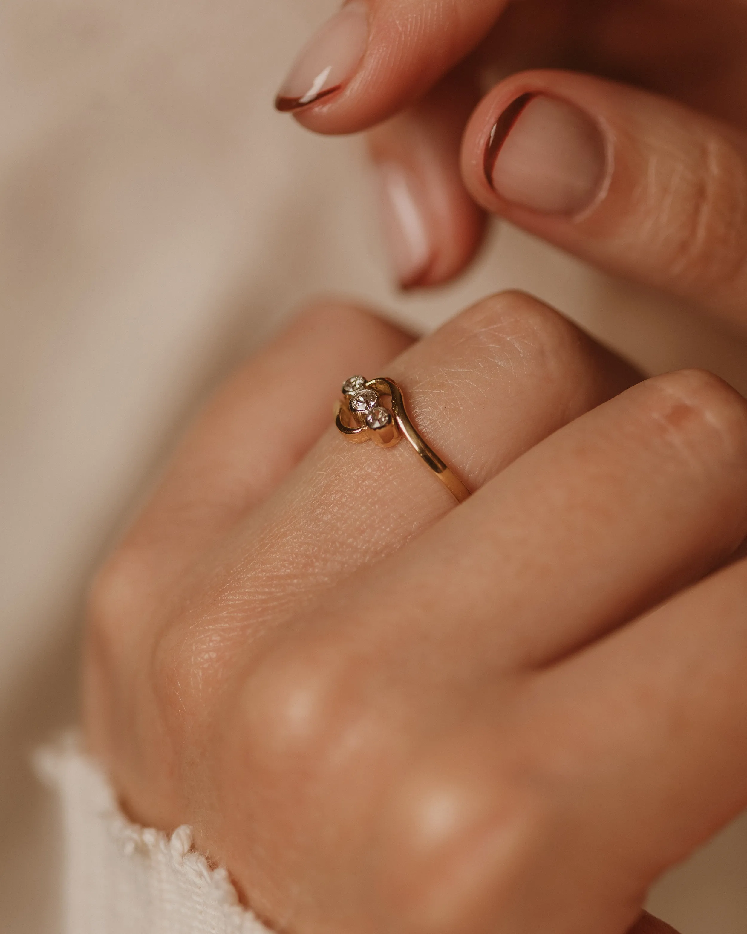 Peony 1979 Vintage 18ct Gold Diamond Crossover Trilogy Ring sold by Rock n Rose product image thumbnail 2