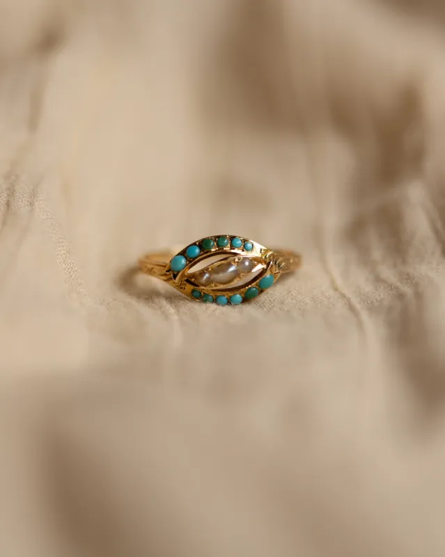 Edith Antique 18ct Gold Turquoise & Pearl Ring sold by Rock n Rose