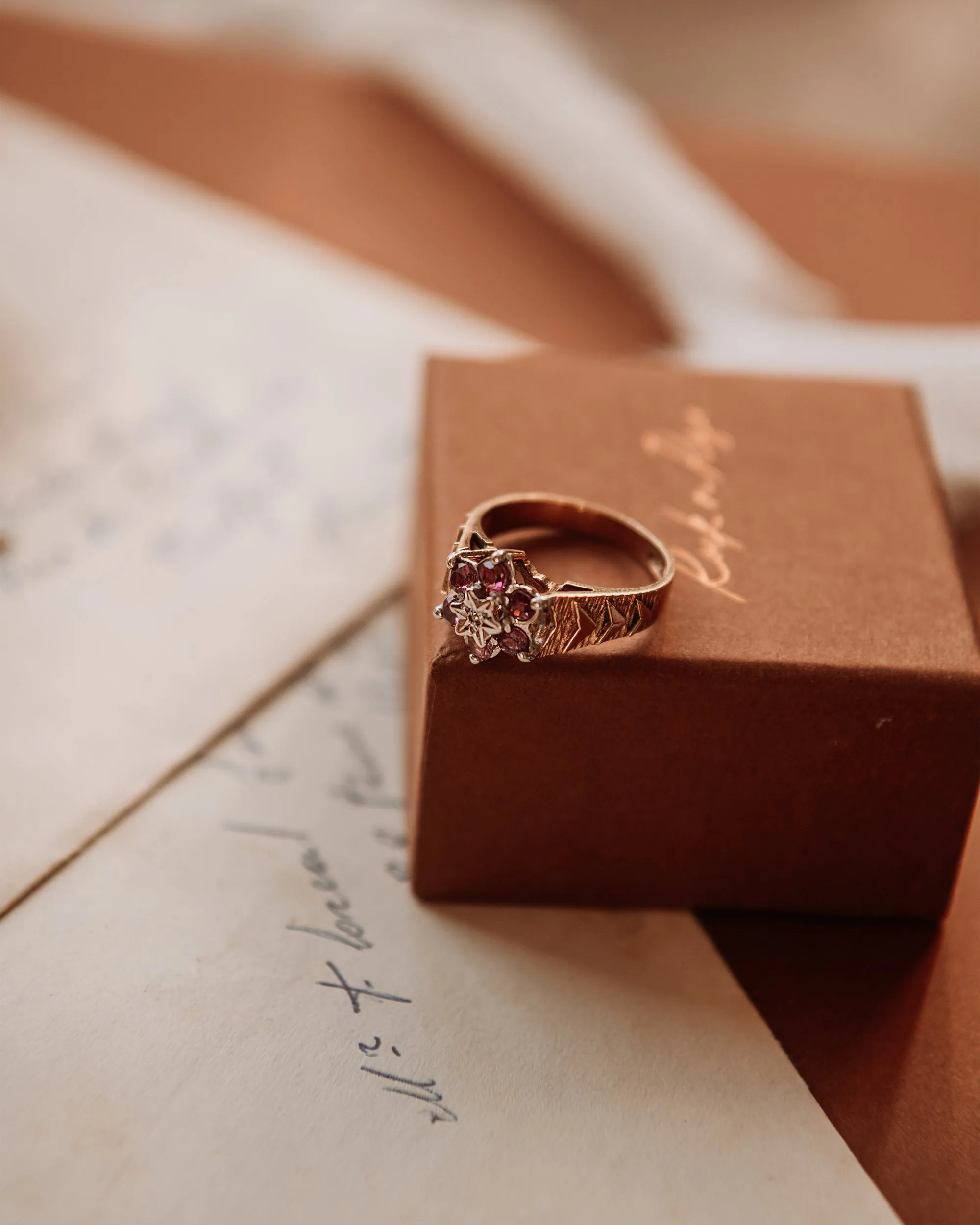 Quinn 9ct Gold Vintage Diamond & Ruby Cluster Ring sold by Rock n Rose