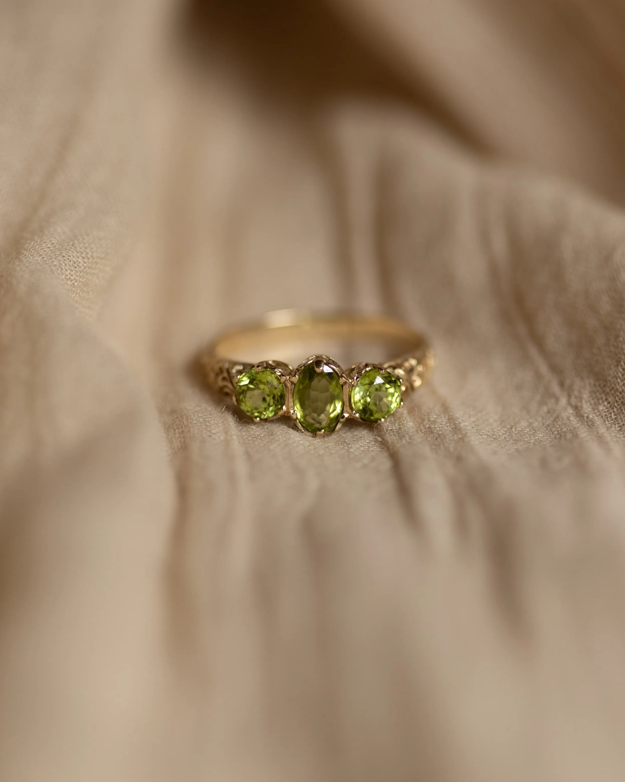 Jessamine 1993 Vintage 9ct Gold Peridot Trilogy Ring sold by Rock n Rose