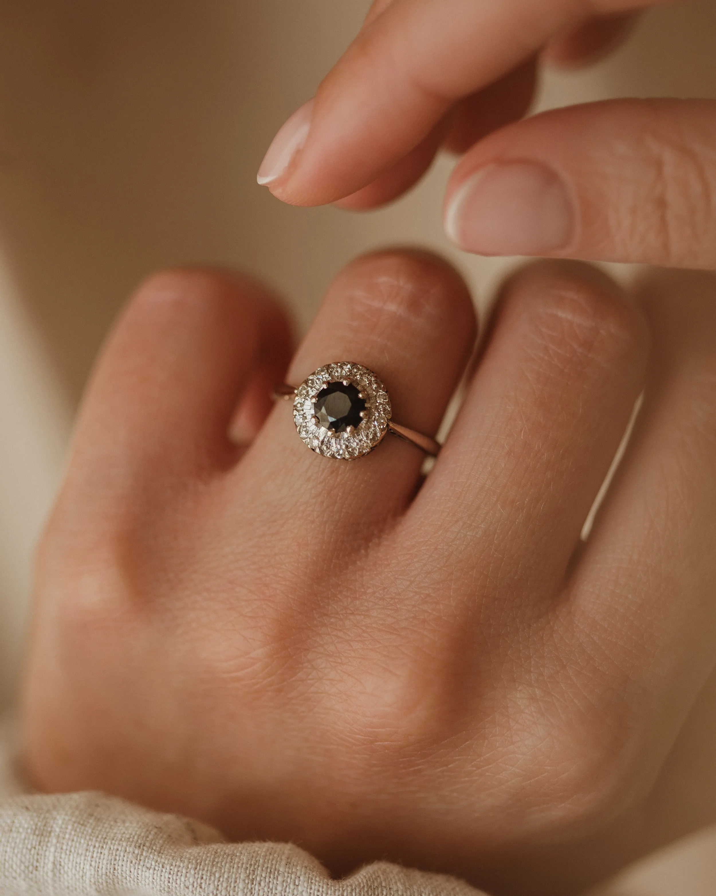 Meredith Vintage 18ct White Gold Sapphire & Diamond Cluster Ring sold by Rock n Rose