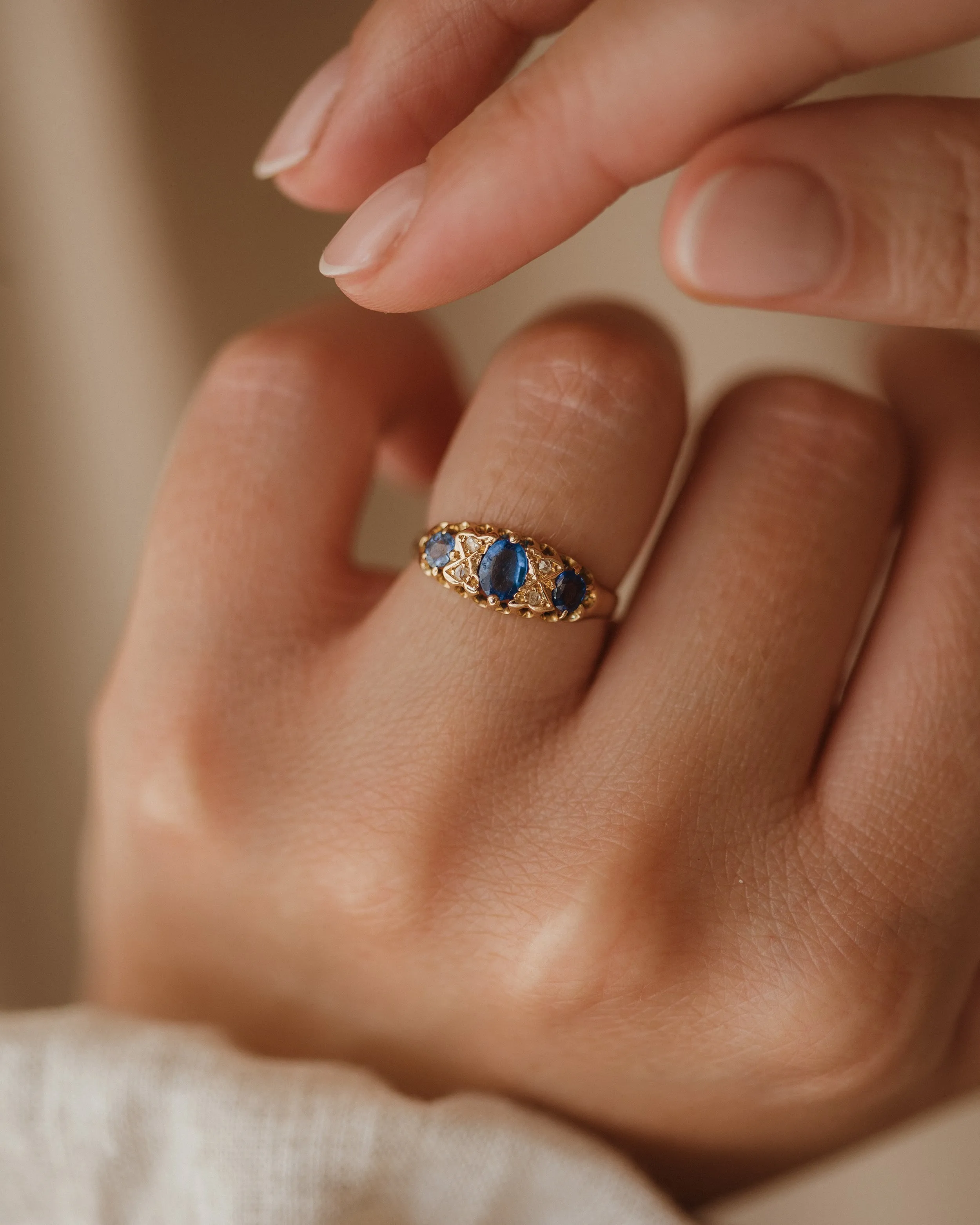 Esther 1919 18ct Gold Paste & Diamond Trilogy Ring sold by Rock n Rose