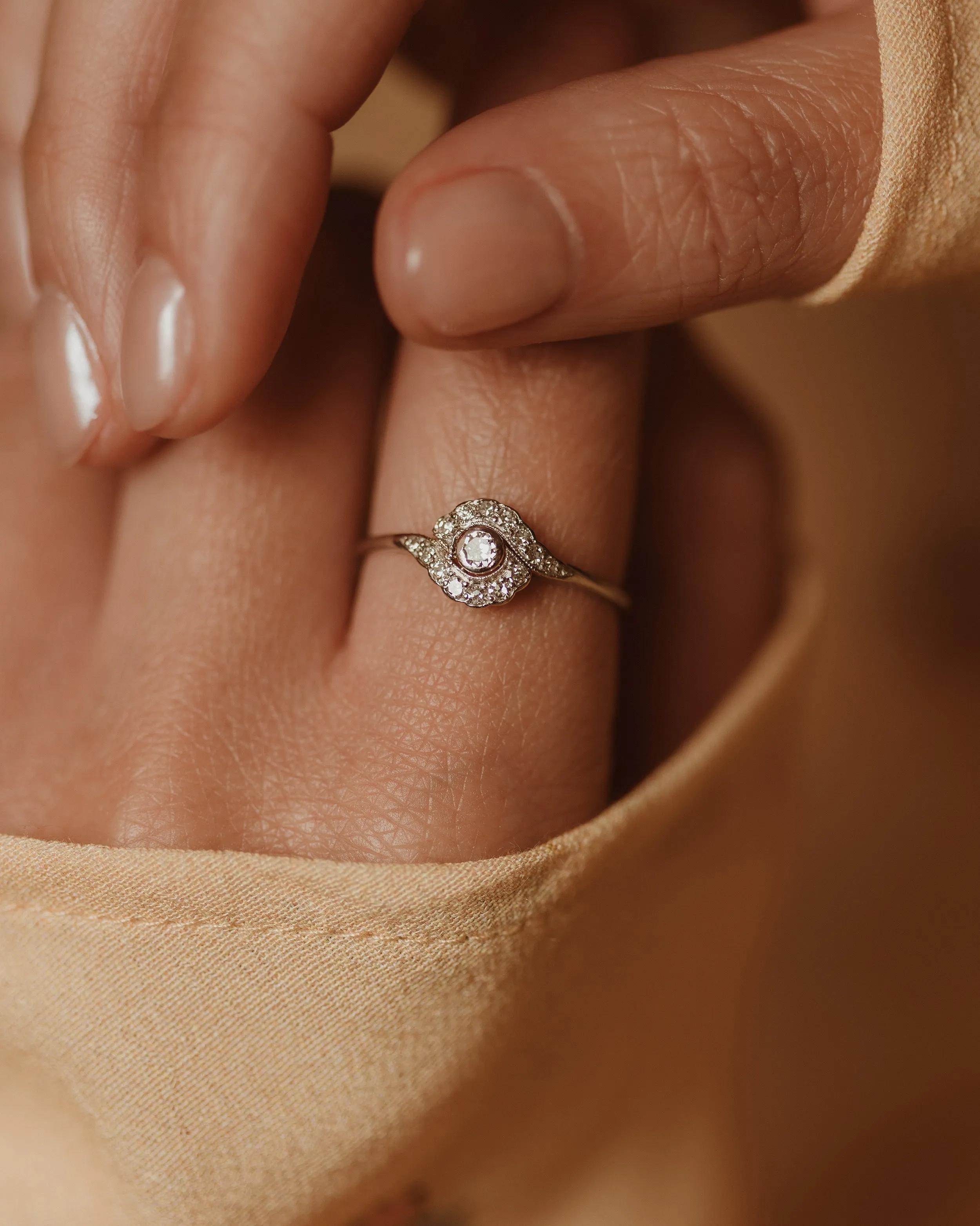 Esther Antique Art Deco 15ct White Gold Diamond Cluster Ring sold by Rock n Rose