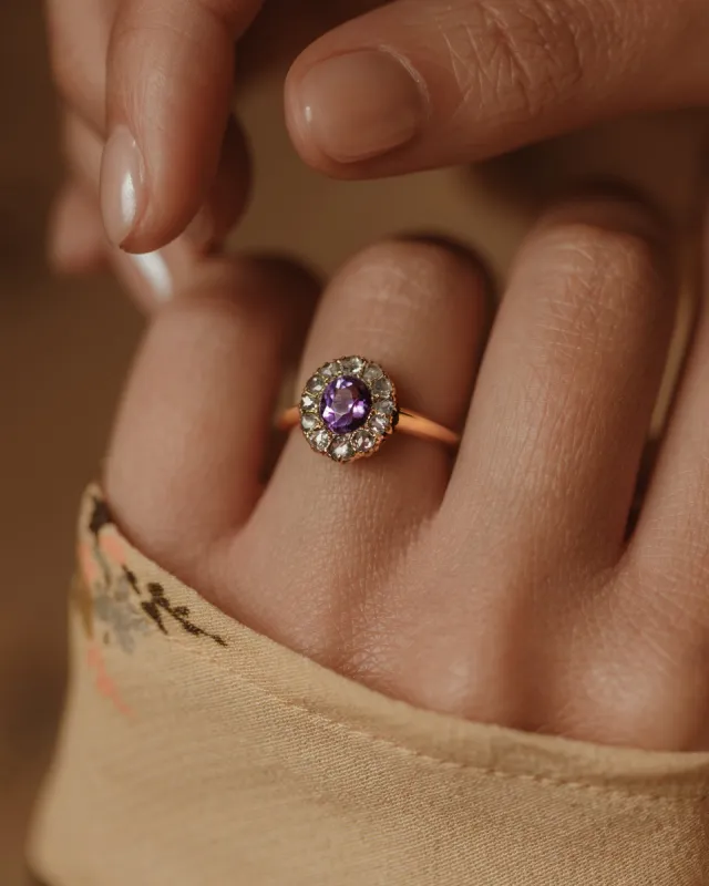 Jessamine Antique 18ct Gold Amethyst & Diamond Cluster Ring sold by Rock n Rose