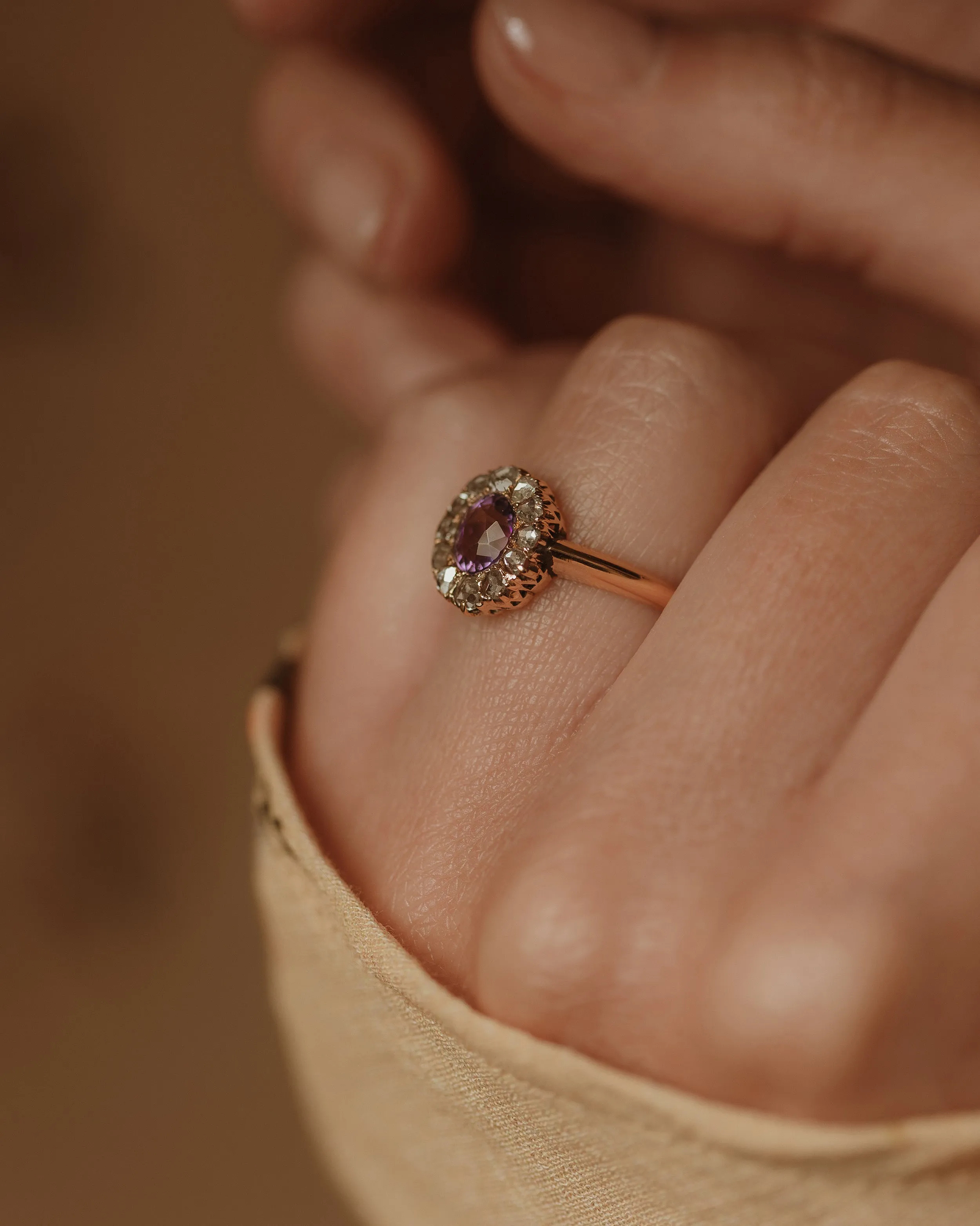 Jessamine Antique 18ct Gold Amethyst & Diamond Cluster Ring sold by Rock n Rose product image thumbnail 3