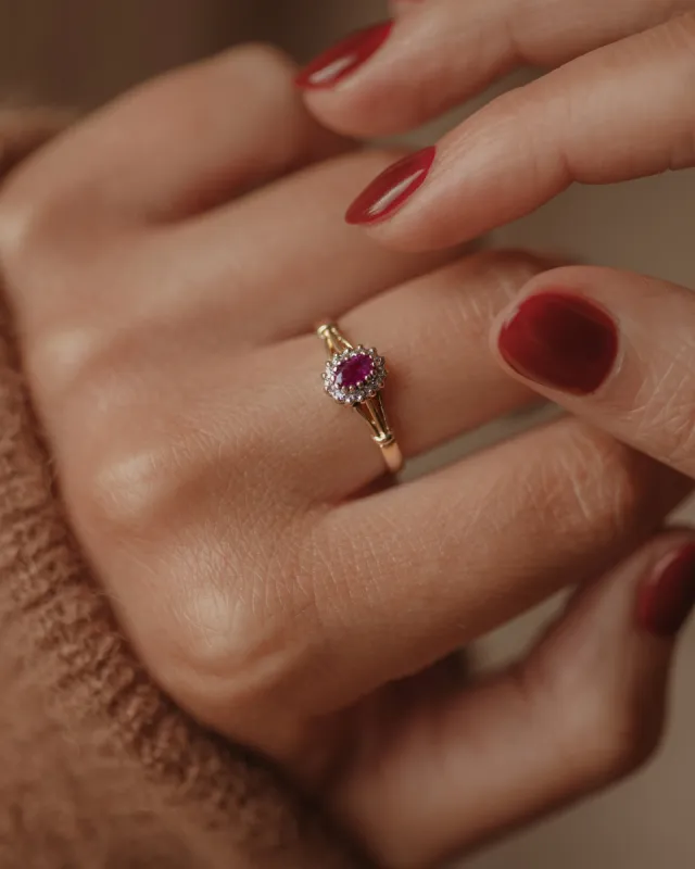 Birdie Vintage 9ct Gold Ruby & Diamond Cluster Ring sold by Rock n Rose