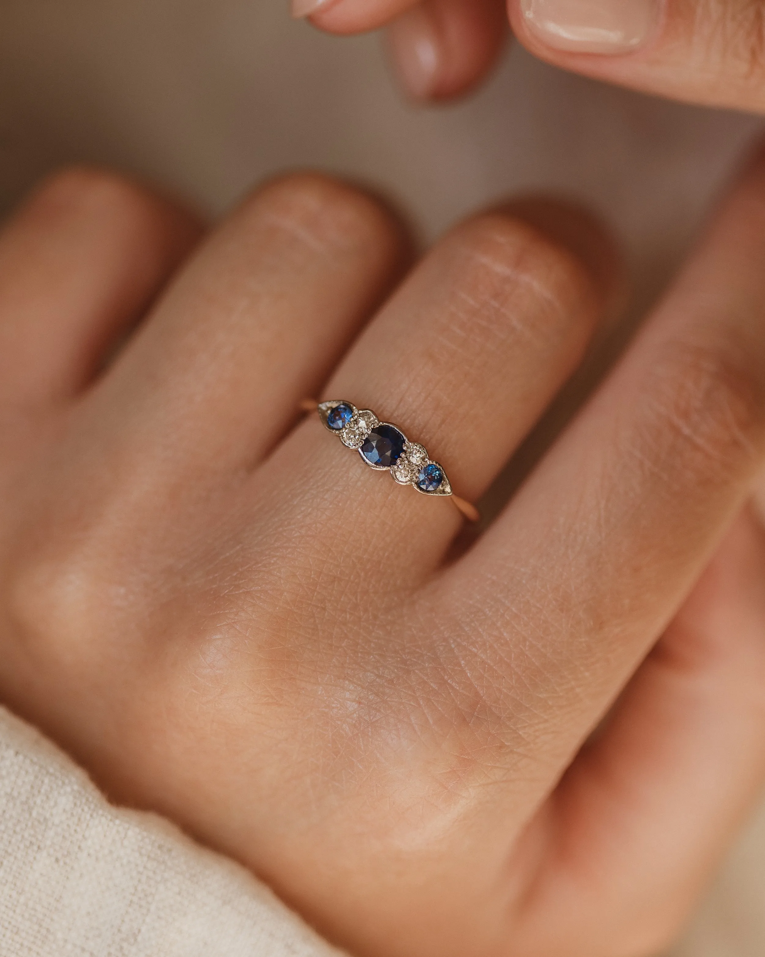 Genevieve Antique 18ct Gold Sapphire & Diamond Seven Stone Ring sold by Rock n Rose