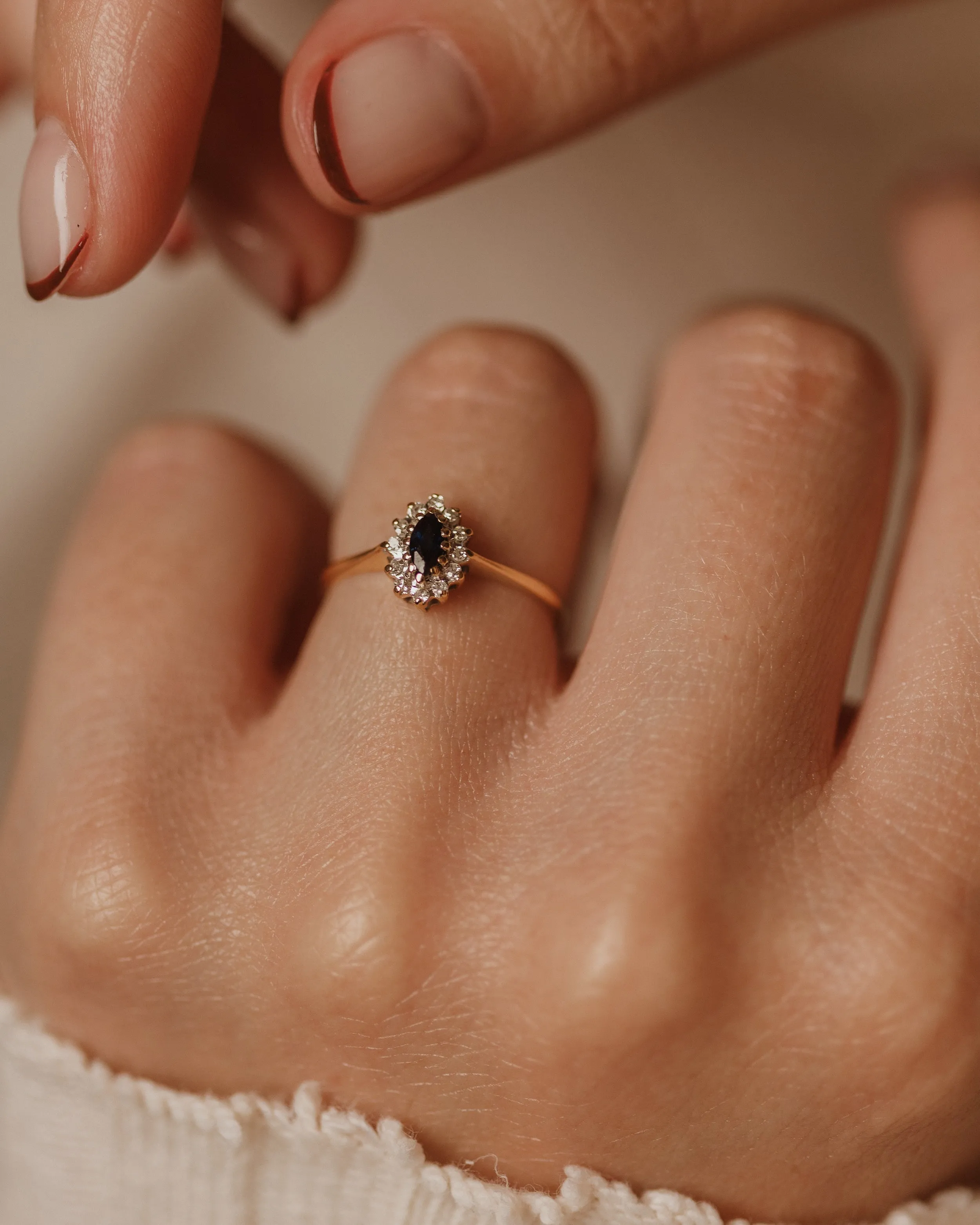 Quinn 1987 Vintage 9ct Gold Sapphire & Diamond Cluster Ring sold by Rock n Rose