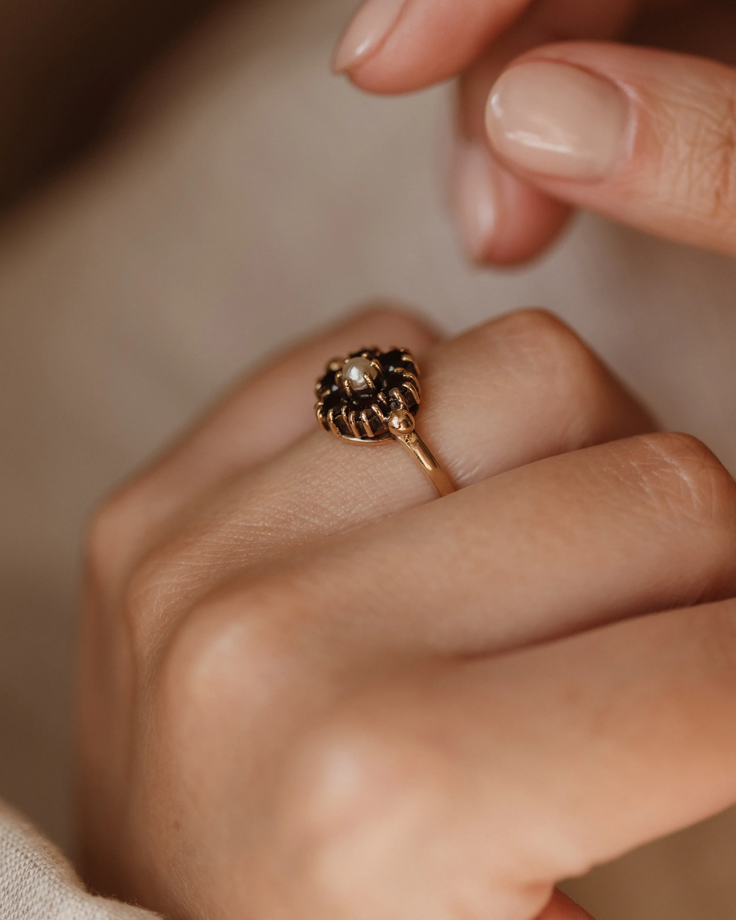 Bess 1961 Vintage 9ct Gold Garnet & Pearl Cluster Ring sold by Rock n Rose product image thumbnail 2