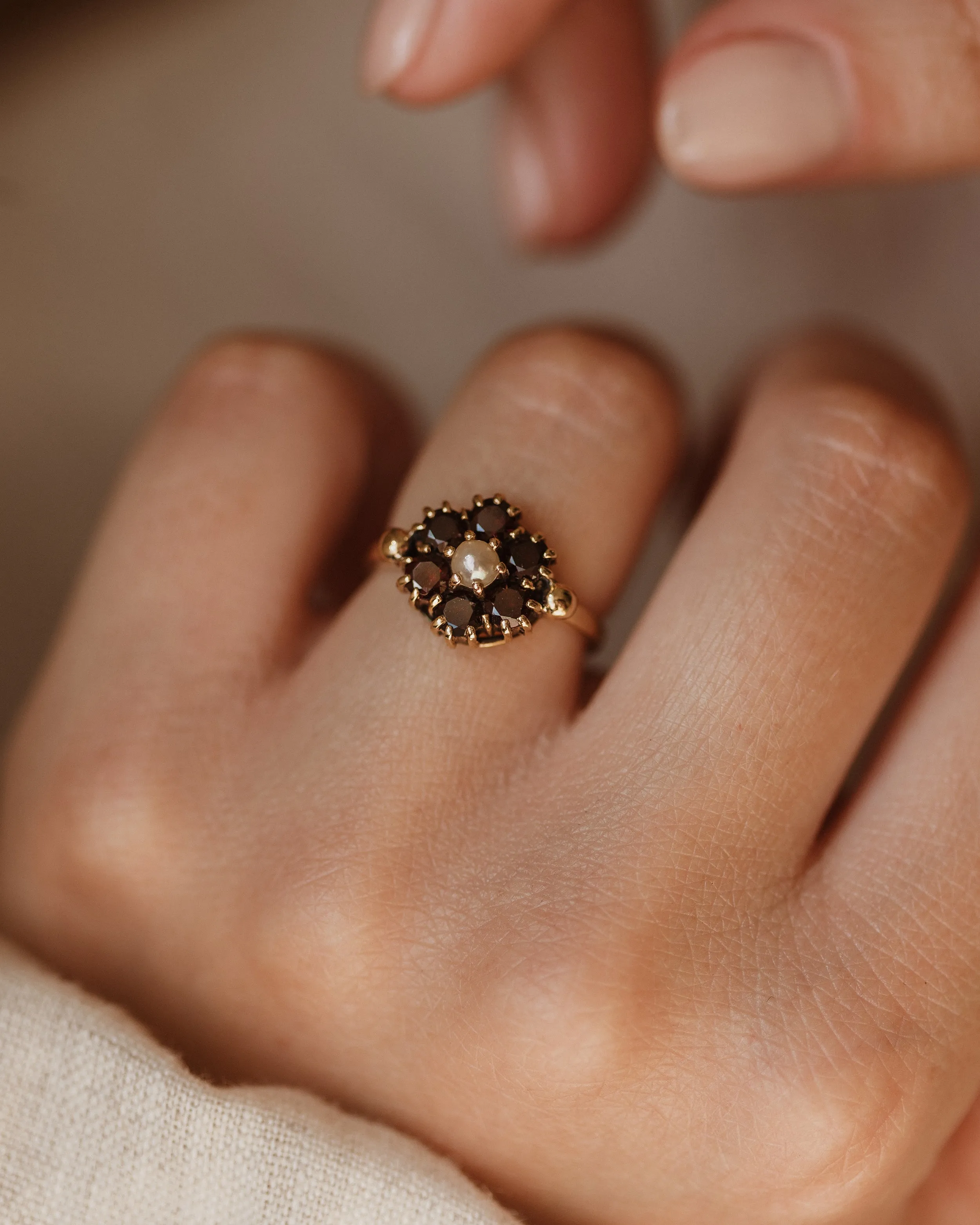 Bess 1961 Vintage 9ct Gold Garnet & Pearl Cluster Ring sold by Rock n Rose