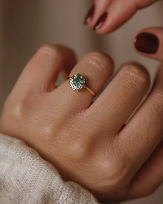 Thora Vintage 18ct Gold Blue Topaz & Diamond Cluster Flowerhead Ring sold by Rock n Rose
