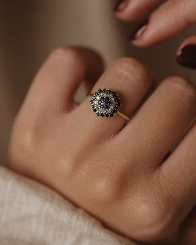 Camille 1986 Vintage 9ct Gold Sapphire & Diamond Cluster Ring sold by Rock n Rose