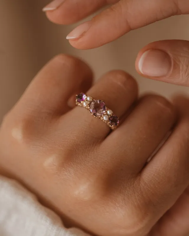 Delphine Vintage 9ct Gold Amethyst & Pearl Ring sold by Rock n Rose
