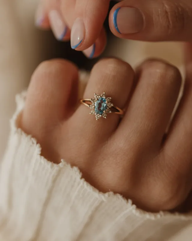 Portia 1991 Vintage 9ct Gold Blue Topaz & Diamond Cluster Ring sold by Rock n Rose