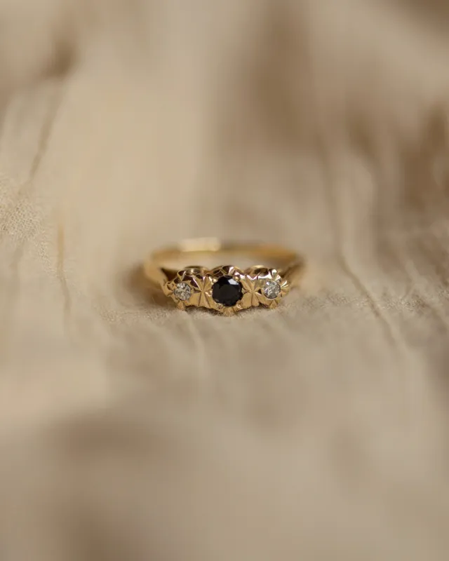 Lilian 1977 Vintage 9ct Gold Sapphire & Diamond Trilogy Ring sold by Rock n Rose