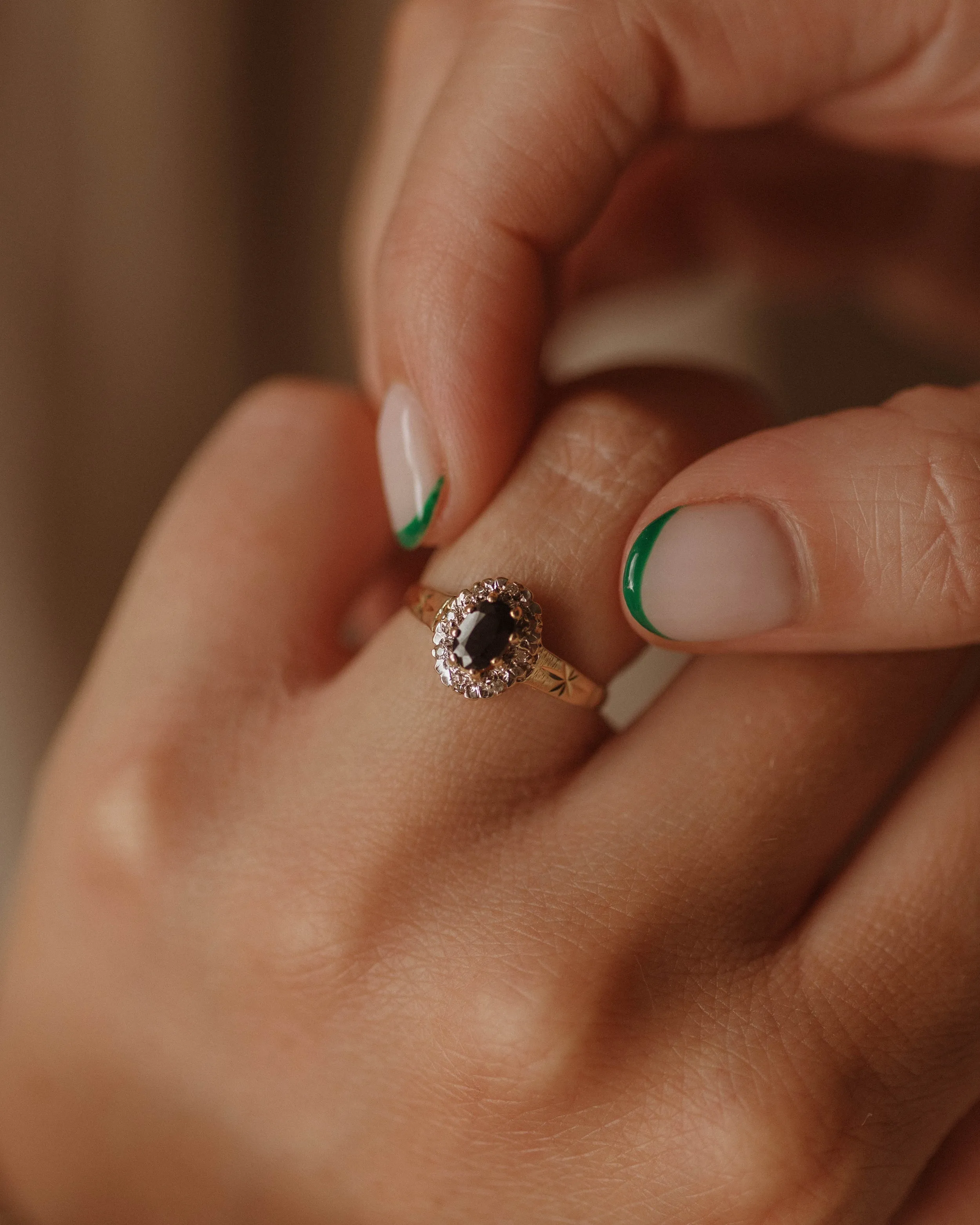 Nina 1989 9ct Gold Sapphire & Diamond Cluster Ring sold by Rock n Rose