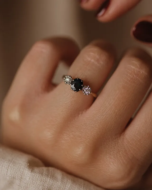 Gisella 1975 Vintage 18ct Gold Sapphire & Diamond Trilogy Ring sold by Rock n Rose