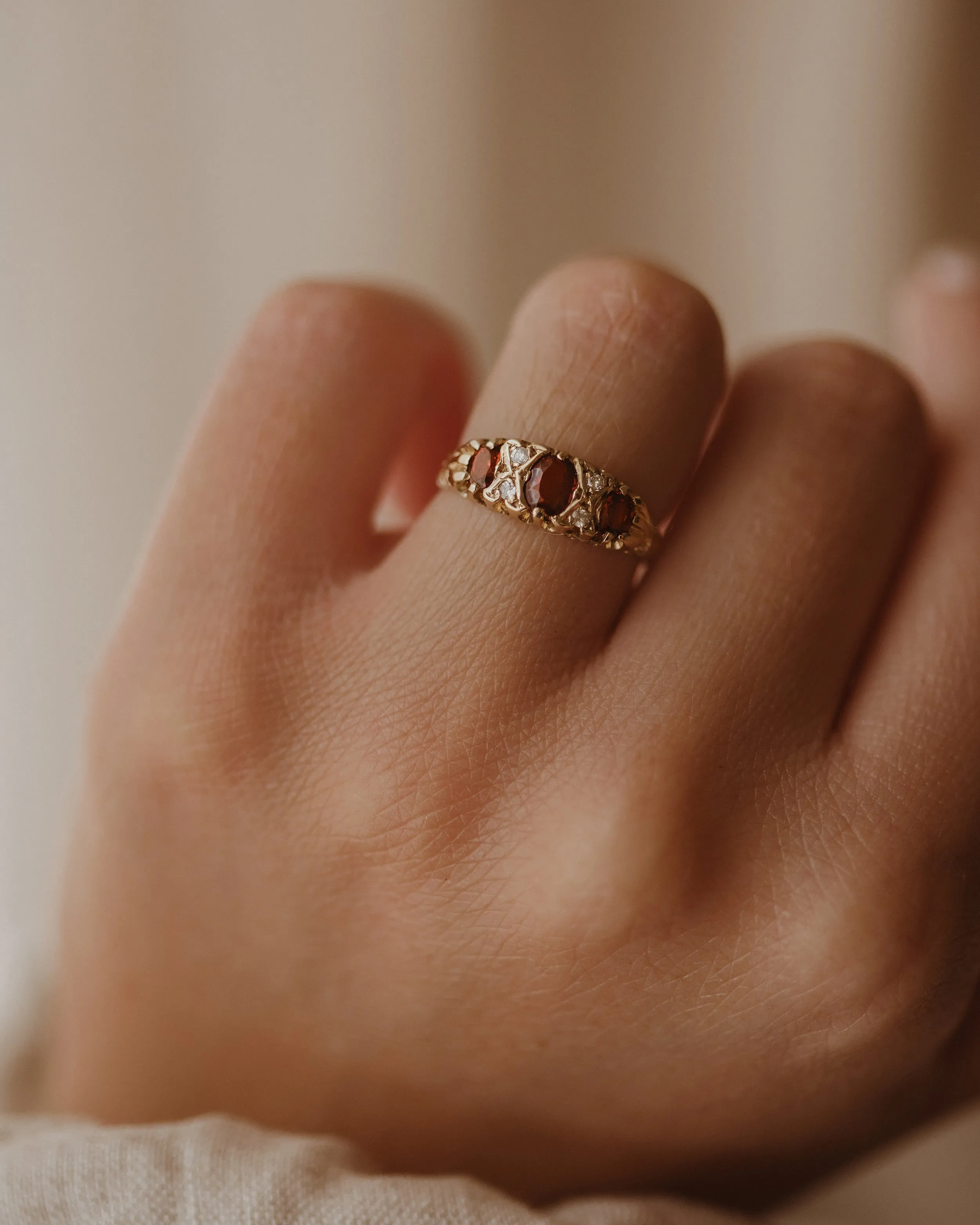 Camilla 1989 9ct Gold Garnet & Diamond Trilogy Ring sold by Rock n Rose product image thumbnail 2